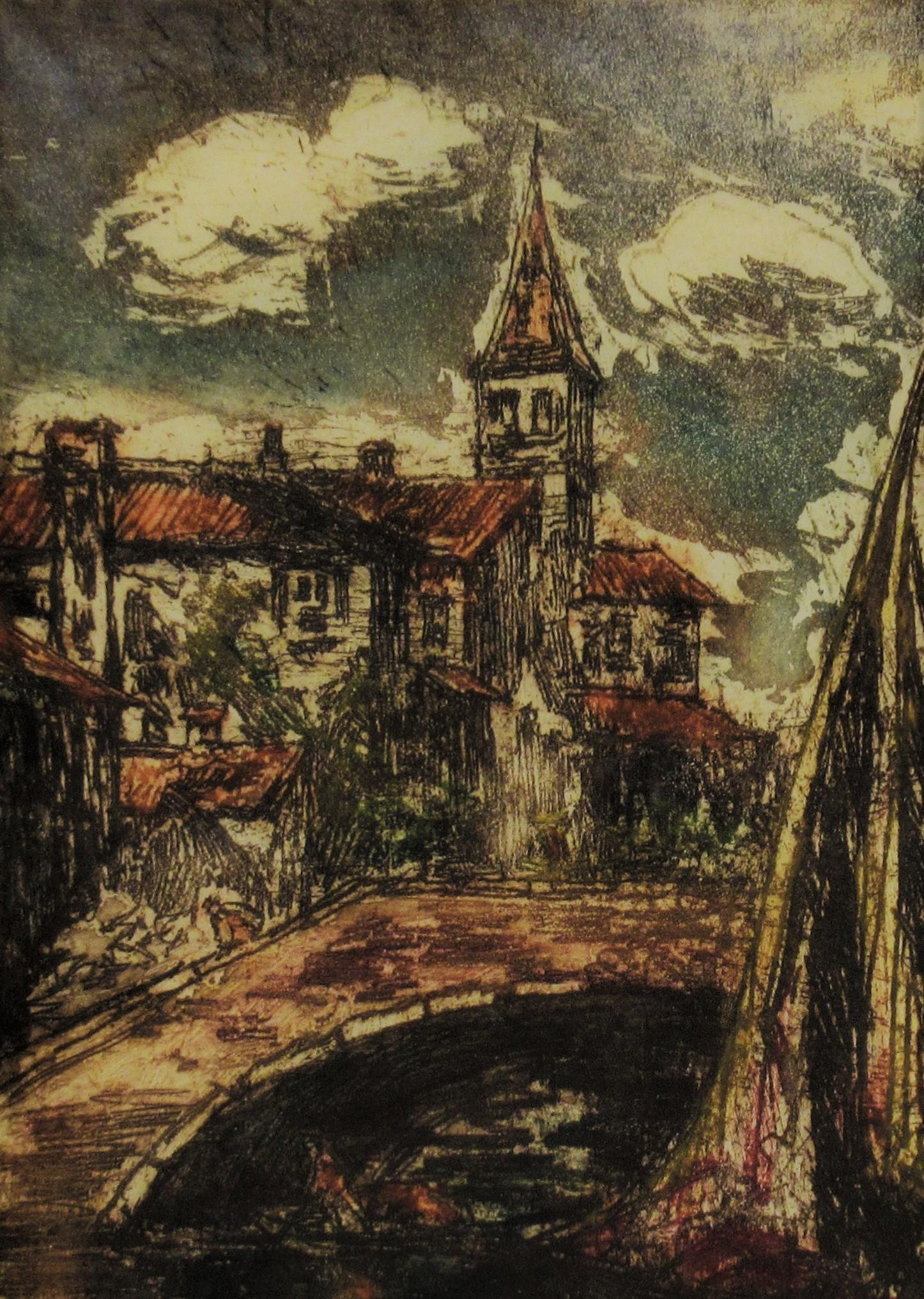 Village en France - Impressionnisme américain Print par David Rosenthal
