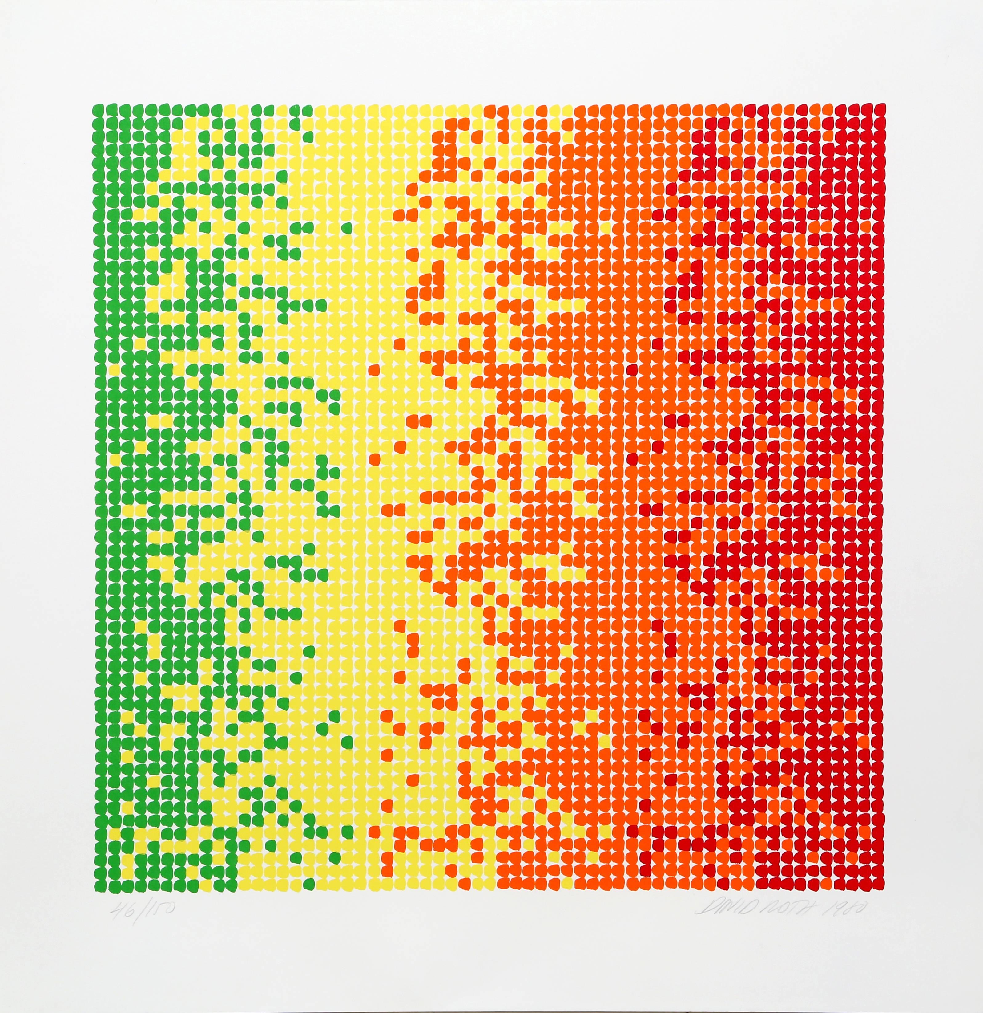 This screenprint was created by American artist David Roth. Roth's images are proportioned according to a strict mathematical formula - the pictures are composed according to horizontal and vertical divisions on the graph paper. The optical quality