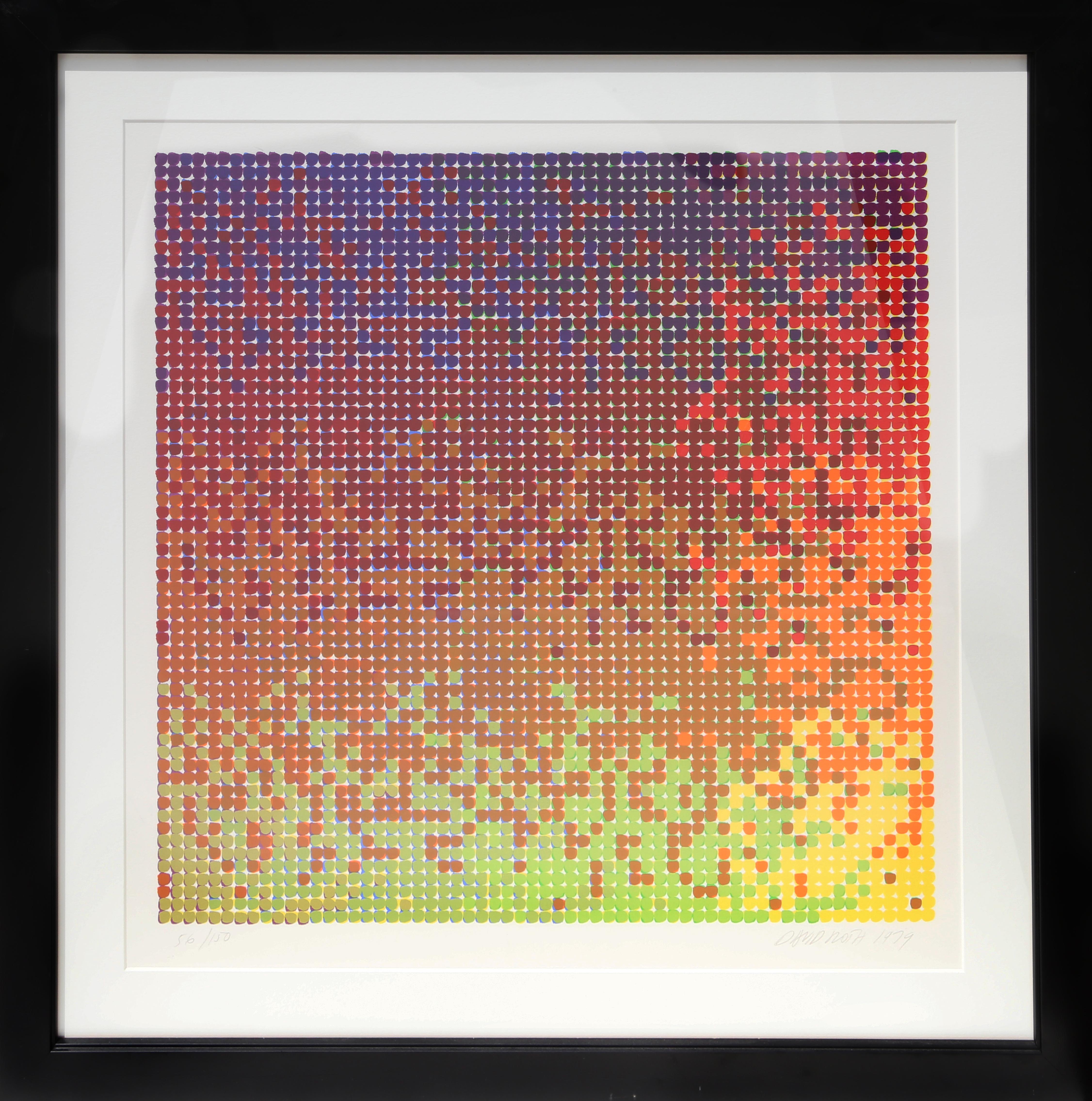 Luminous Op Art print by David Roth. Nicely matted and framed in black.

Untitled 25
David Roth, American (1942)
Date: 1979
Screenprint, signed and numbered in pencil
Edition of 150
Image Size: 23 x 23 inches
Size: 29 x 29 in. (73.66 x 73.66