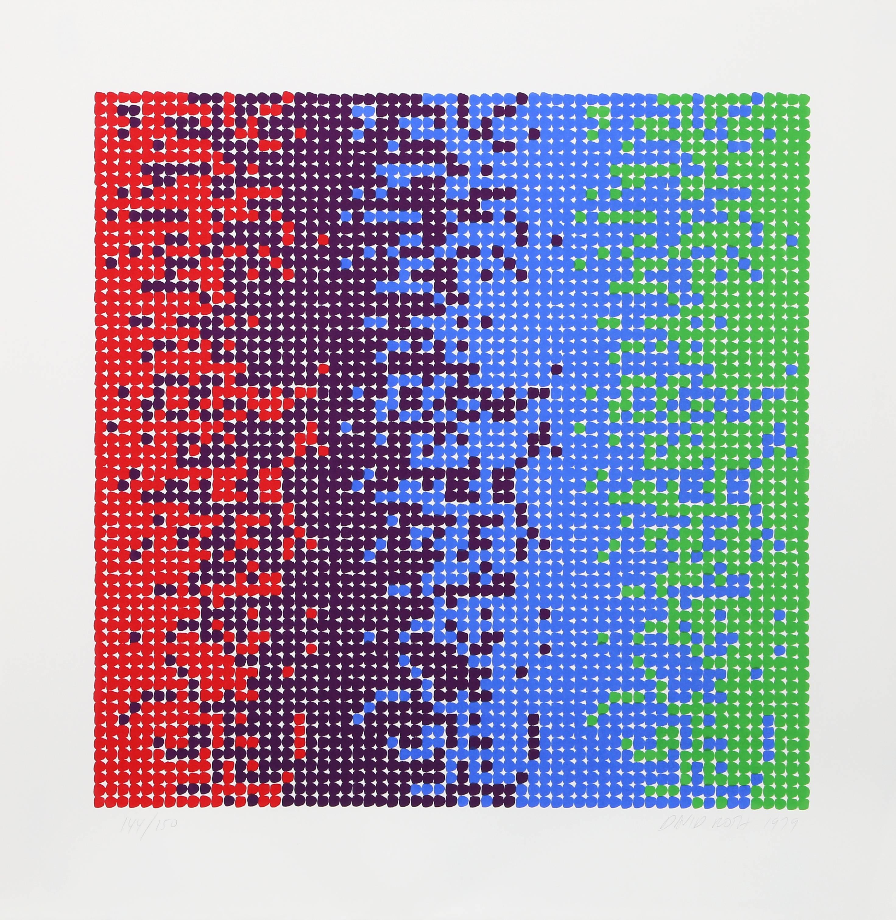 Cette sérigraphie a été réalisée par l'artiste américain David Roth. Les images de Roth sont proportionnées selon une formule mathématique stricte - les images sont composées en fonction des divisions horizontales et verticales du papier millimétré.