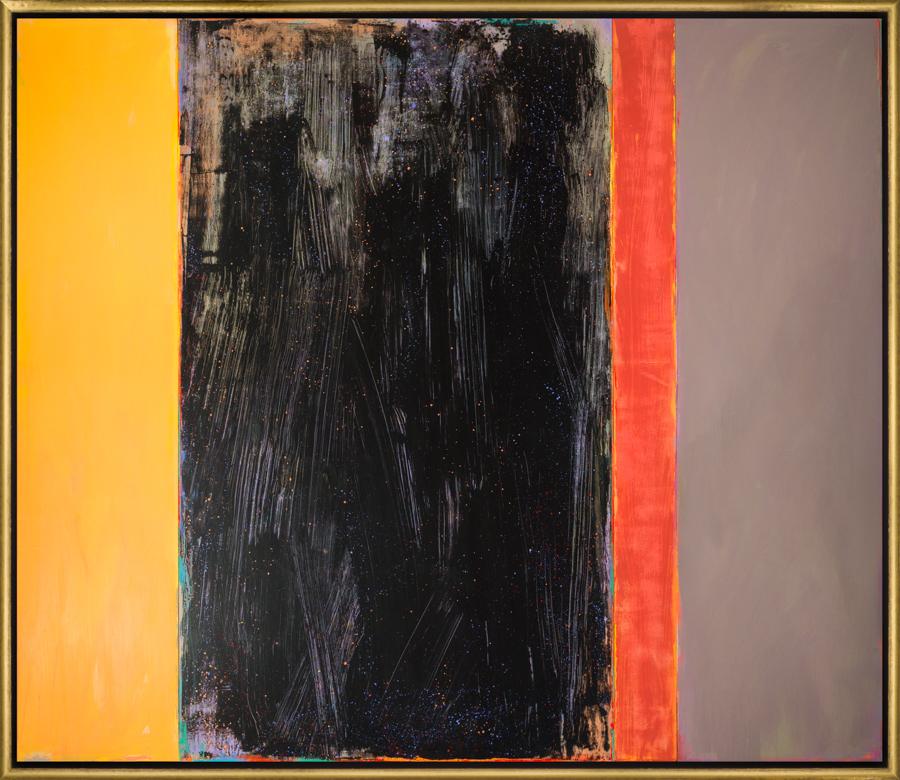 David Rothermel Abstract Painting - "Exponent" Yellow, Red, Black and Brown Color Blocking on Panel