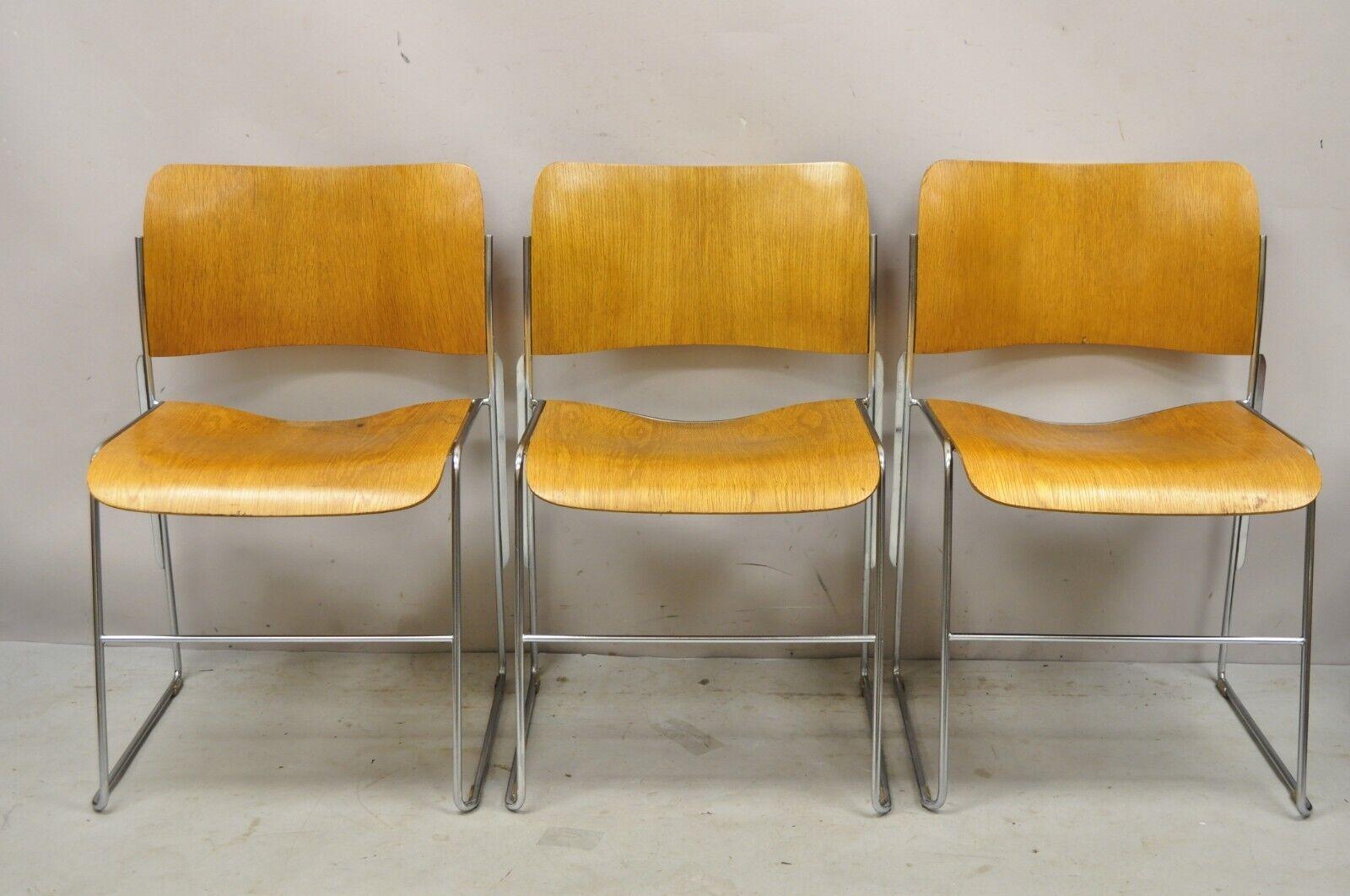 David Rowland 40/4 bentwood chrome frame stacking side chairs - set of 3. Item features bentwood back and seats, chrome metal frames, stacking form, (3) side chairs, original labels. circa 1970s. Measurements: 30