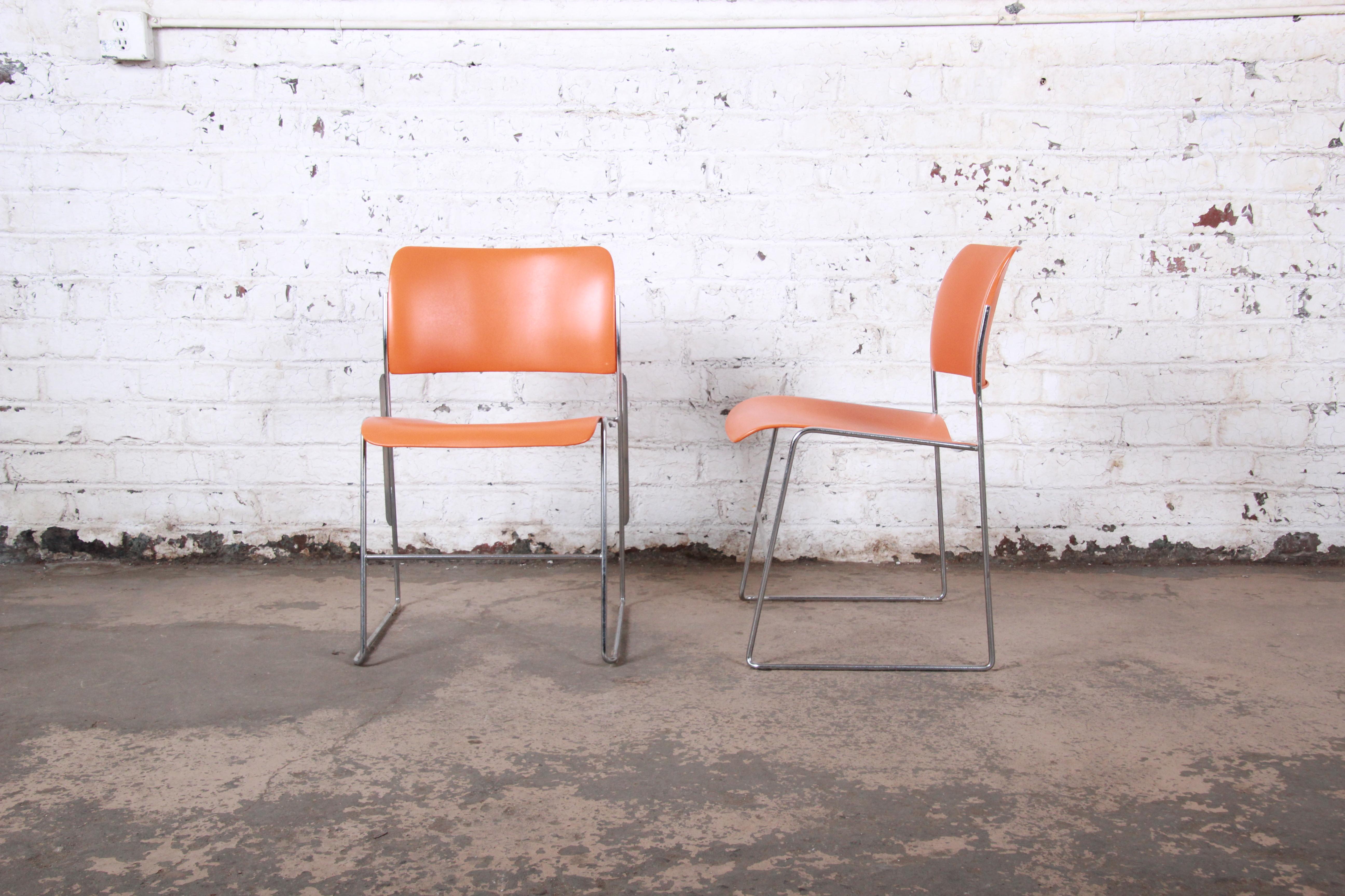 Industrial David Rowland 40/4 Orange and Chrome Stacking Chairs, Pair