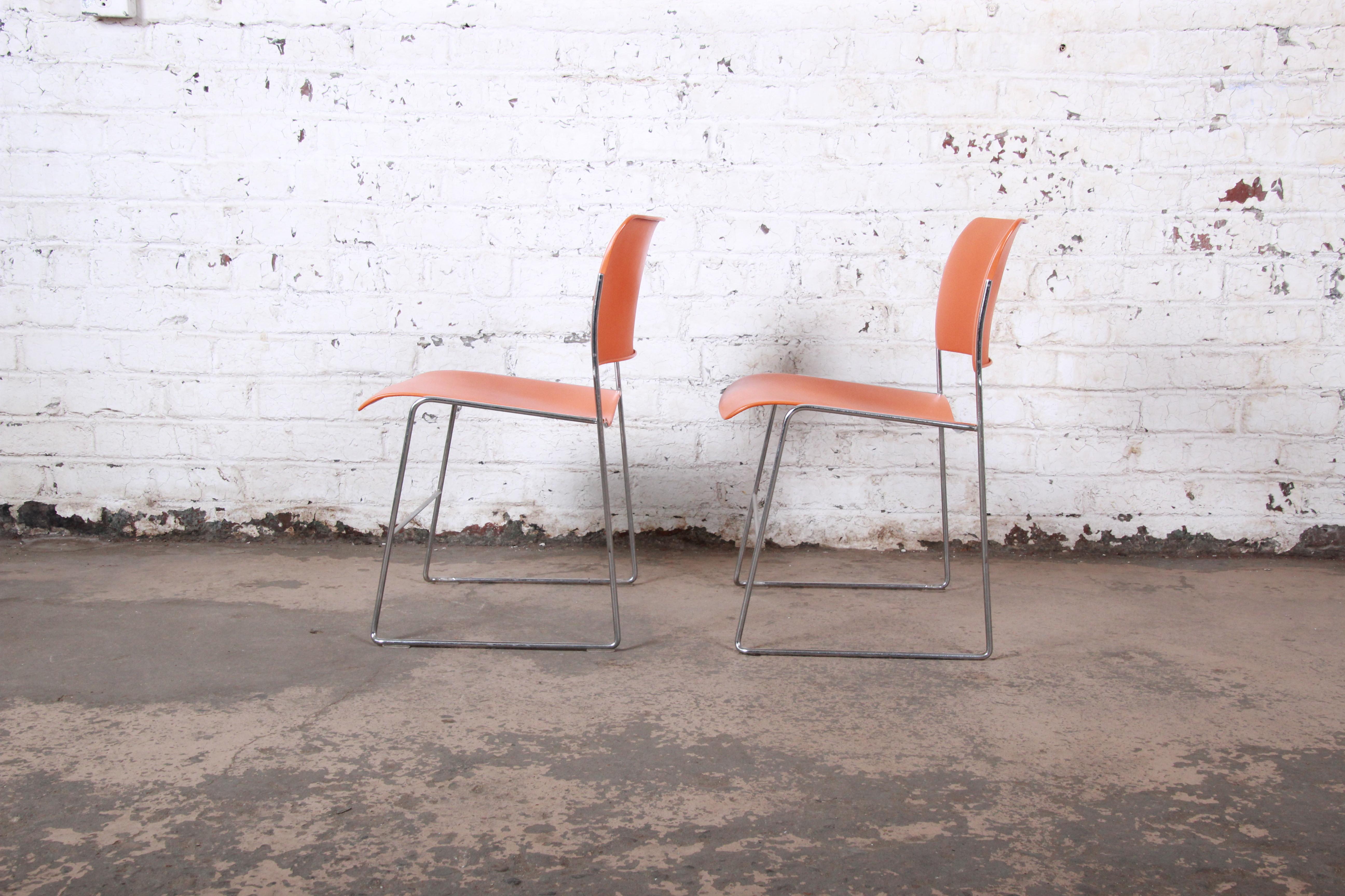 American David Rowland 40/4 Orange and Chrome Stacking Chairs, Pair