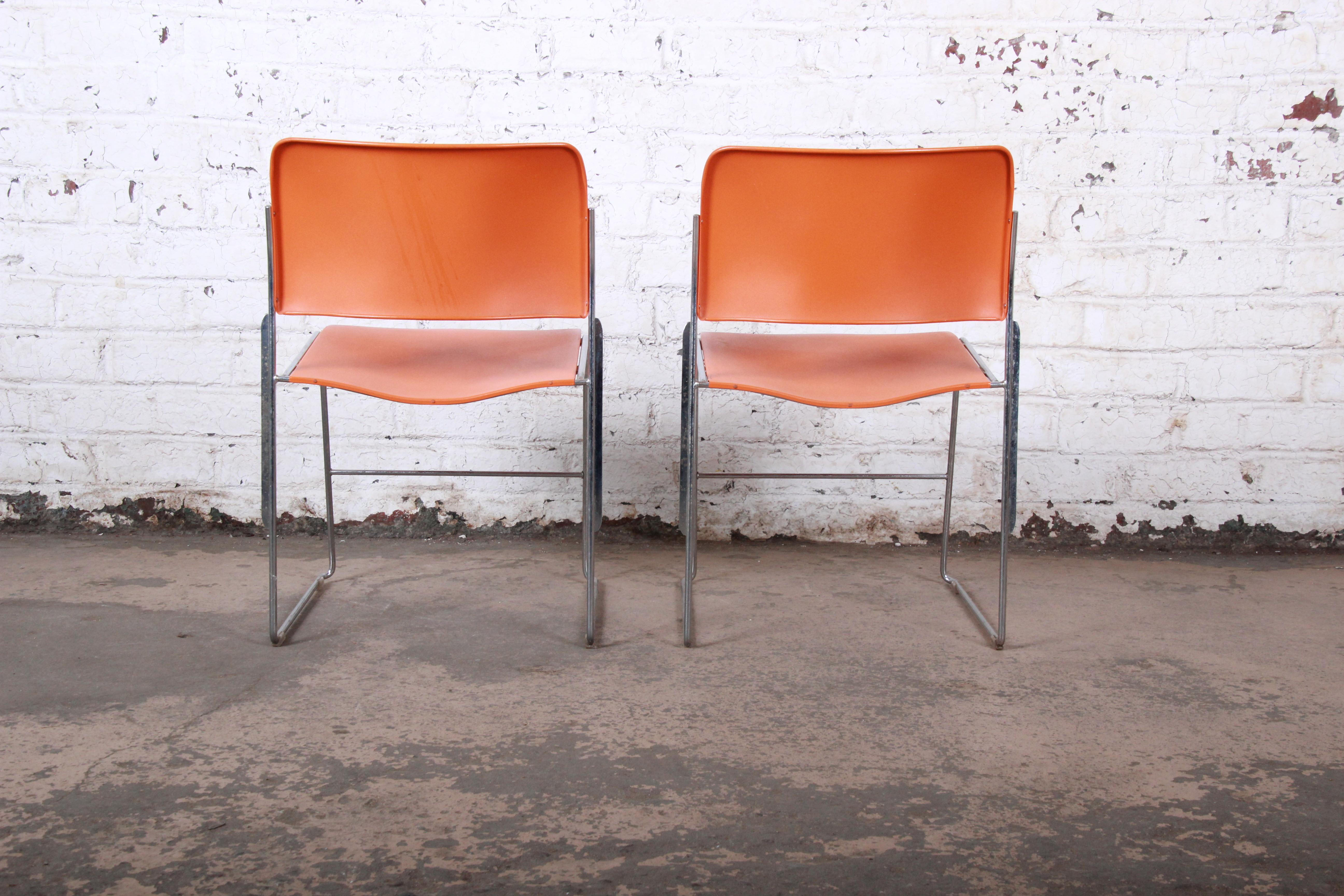 Powder-Coated David Rowland 40/4 Orange and Chrome Stacking Chairs, Pair