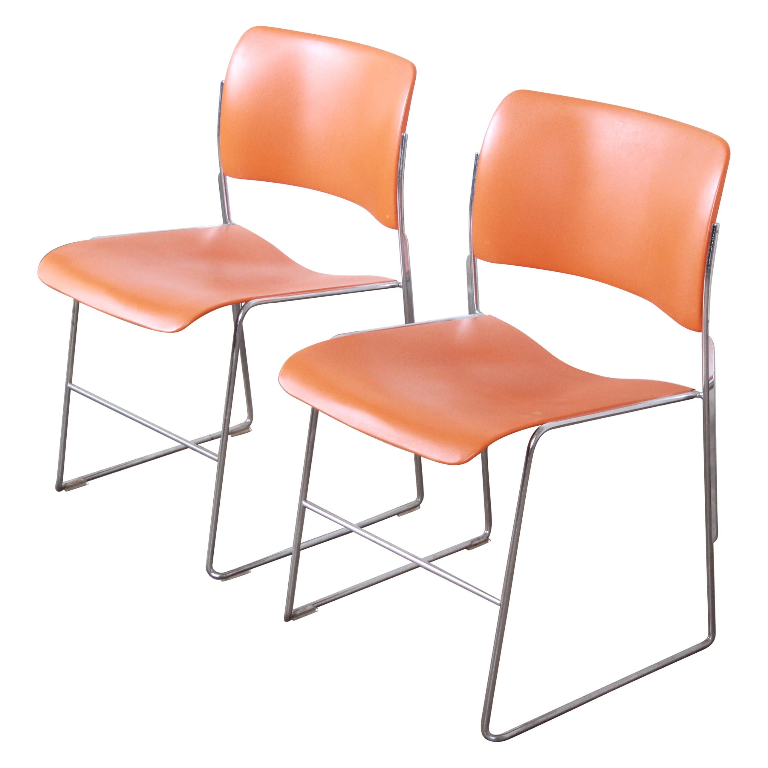 David Rowland 40/4 Orange and Chrome Stacking Chairs, Pair