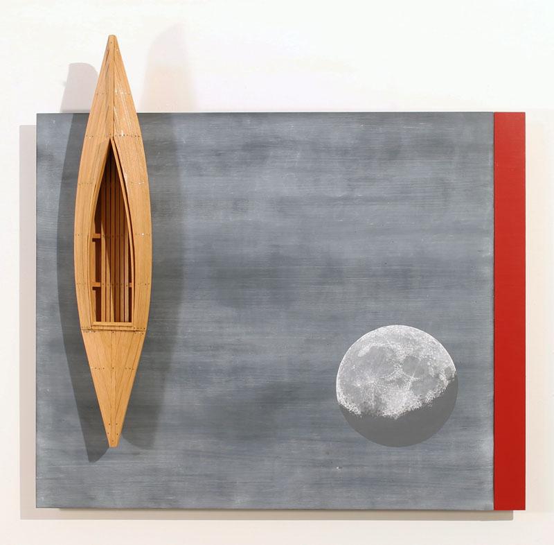 Blackboard/Red Strip/ 3/4 Moon - Mixed Media Art by David Ruddell