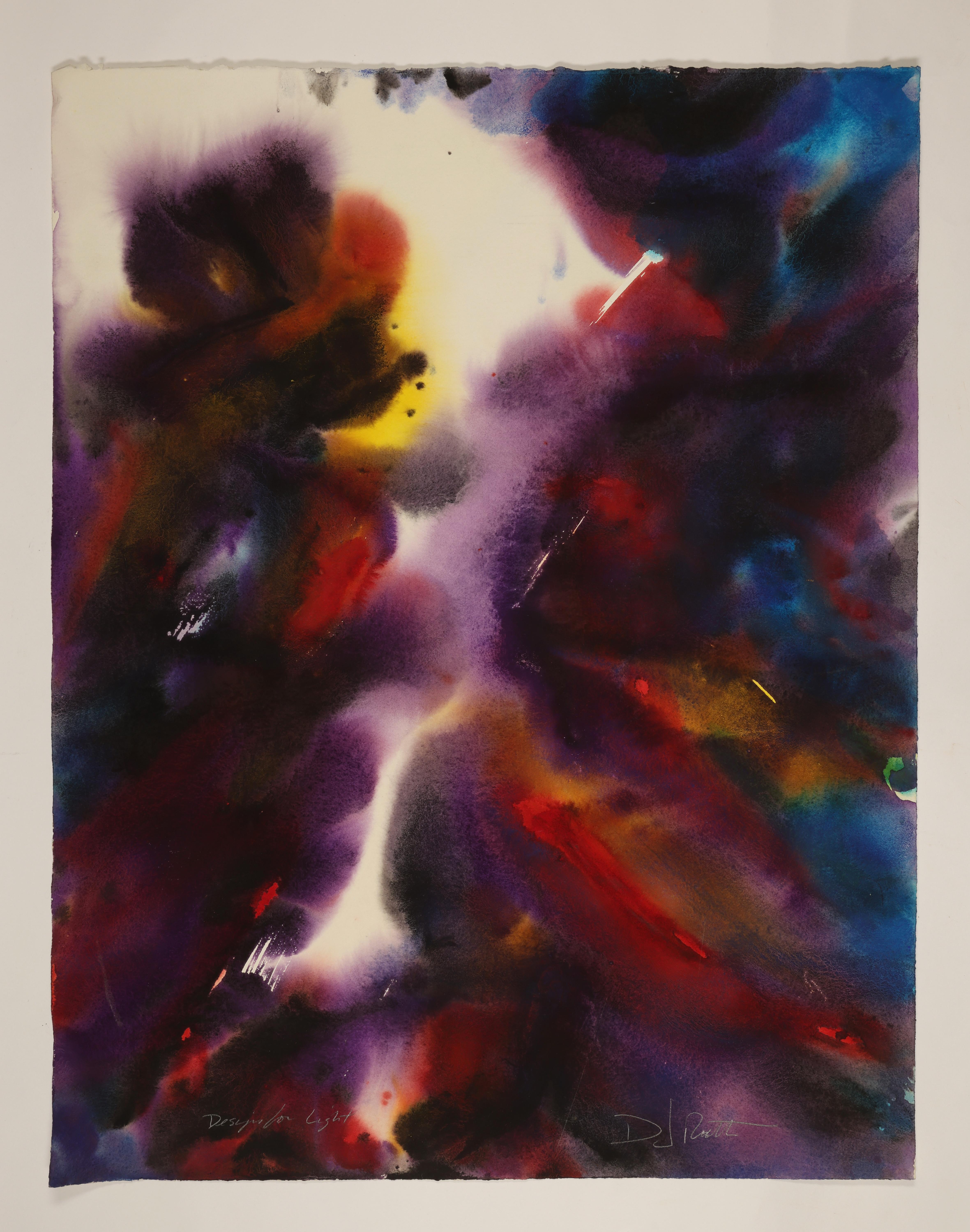 This is a contemporary abstract watercolor painting by artist David Ruth. This series of paintings often feature bright colors and vibrant layouts that draw the viewer in. They are created to help conceptualize his work before turning it into cast