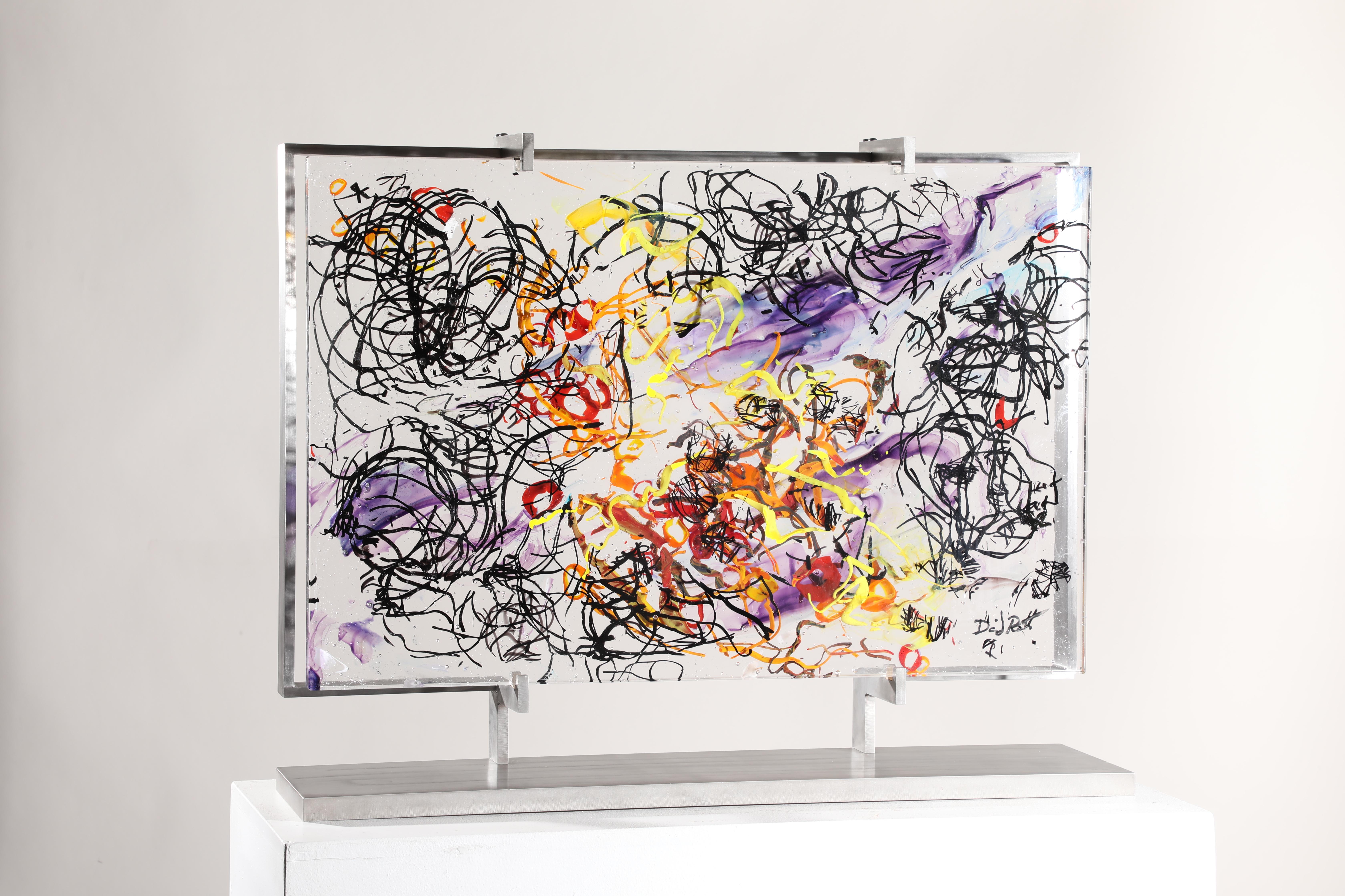 'Ha'apai' is a contemporary abstract cast glass sculpture by David Ruth from his Internal Space series. It features painterly brushstroke formations in glass called trails. Trails are created through rolling molten glass into various forms and