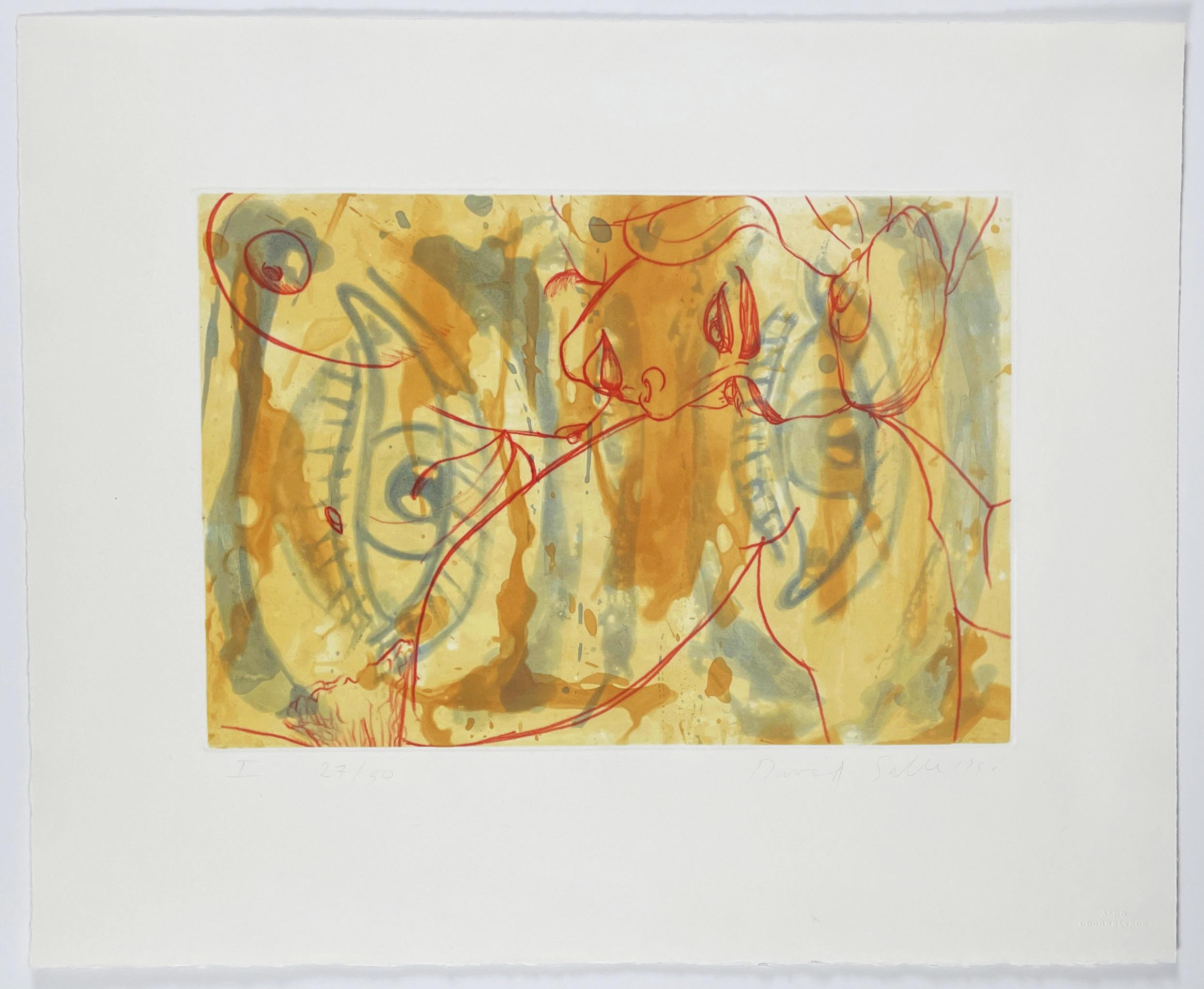 The Universe Mender I by David Salle orange blue and red watercolor stye etching For Sale 1