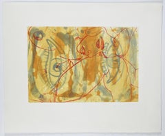 The Universe Mender I di David Salle, acquaforte in stile acquerello arancione blu e rosso