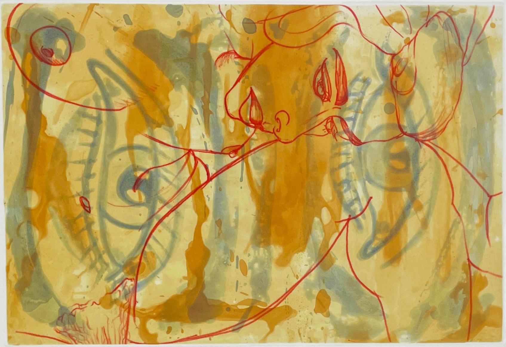 Gravure à l'aquarelle « The Universe Mender I » de David Salle, bleu orange et rouge