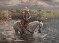 "ALONG THE NUECES" COWBOY ON HORSE BACK FRAMED 40X50