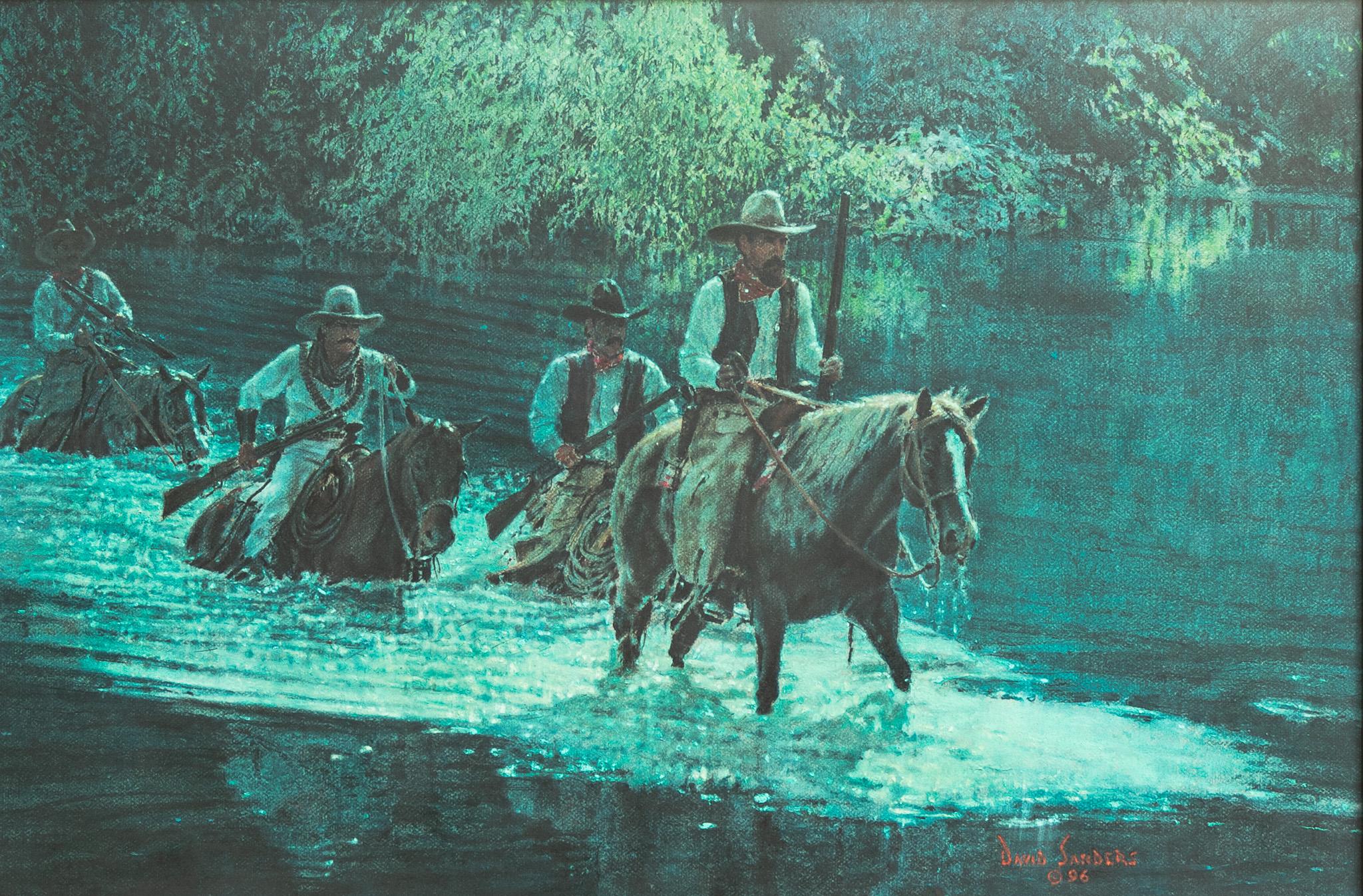 David Sanders Figurative Painting - "Night Crossing" Cowboy Pastel Painting Green Twilight Creek Horses Western