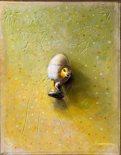 "Pasqua" Pittura a olio su tela incisa, Pulcini, Dot Dot, Giallo, con cornice