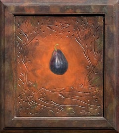 "Fico" Dipinto a olio di un frutto viola; simbolista, illustrazione di Adams ed Eva, incorniciato