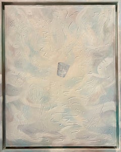 Pittura a olio su tela incisa 'Gin', post-moderna, toni freddi e neutri, incorniciata