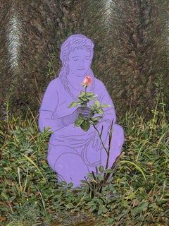 “Paper Doll: Rosemary’s Inspiration" oil painting, purple figure cutout outdoors