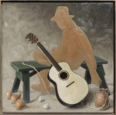 "Spanish Guitar" Oil Painting on Incised Canvas, Signed, 20th Century