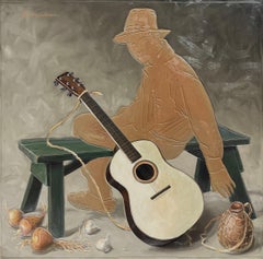 "Spanish Guitar" Oil Painting on Incised Canvas, Signed, 20th Century