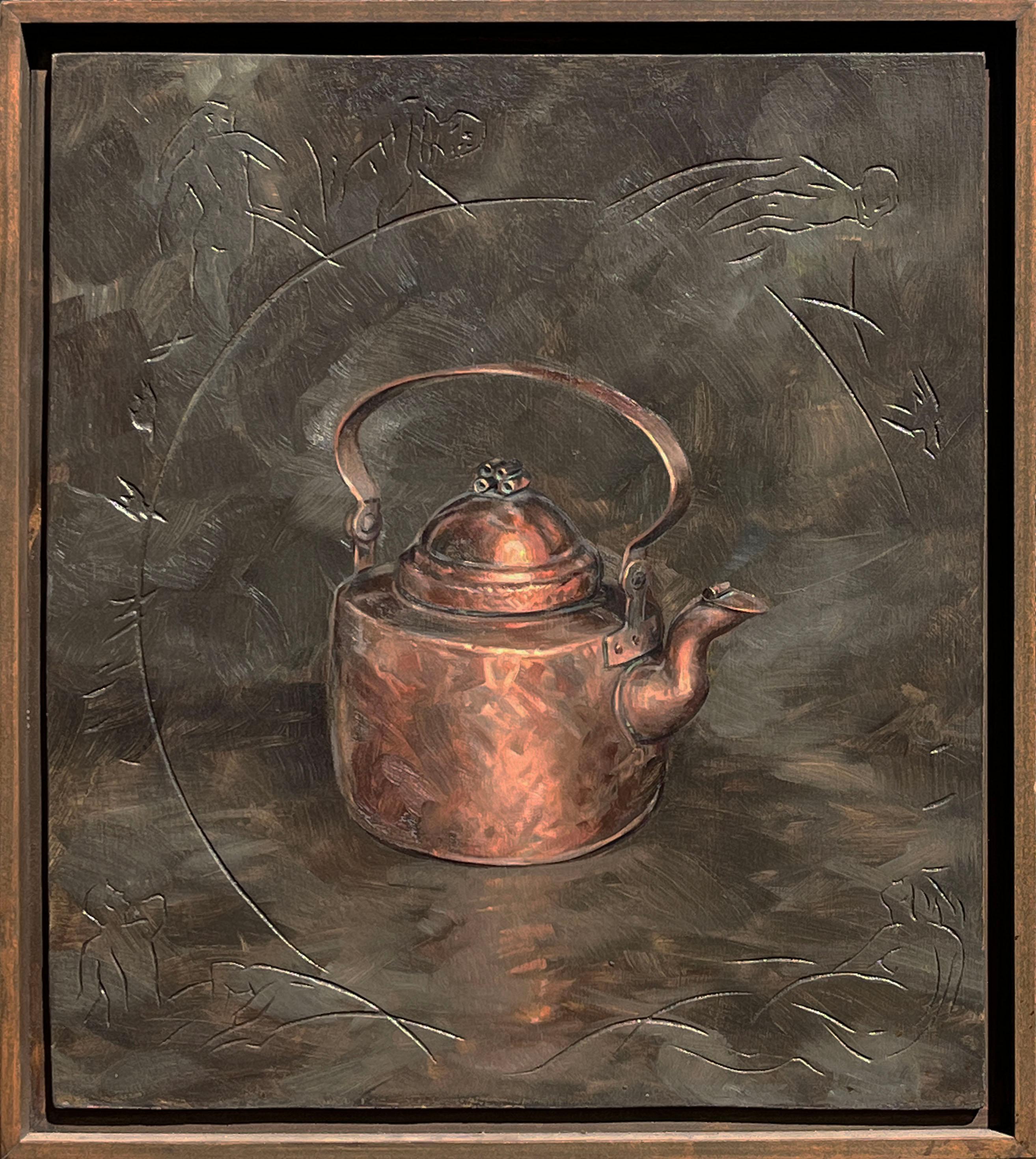 "Tea Kettle" Oil painting on incised canvas, Warm tones