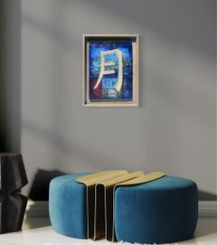 “Venerable Truth - Moon” Oil painting on found object, Chinese Character collage