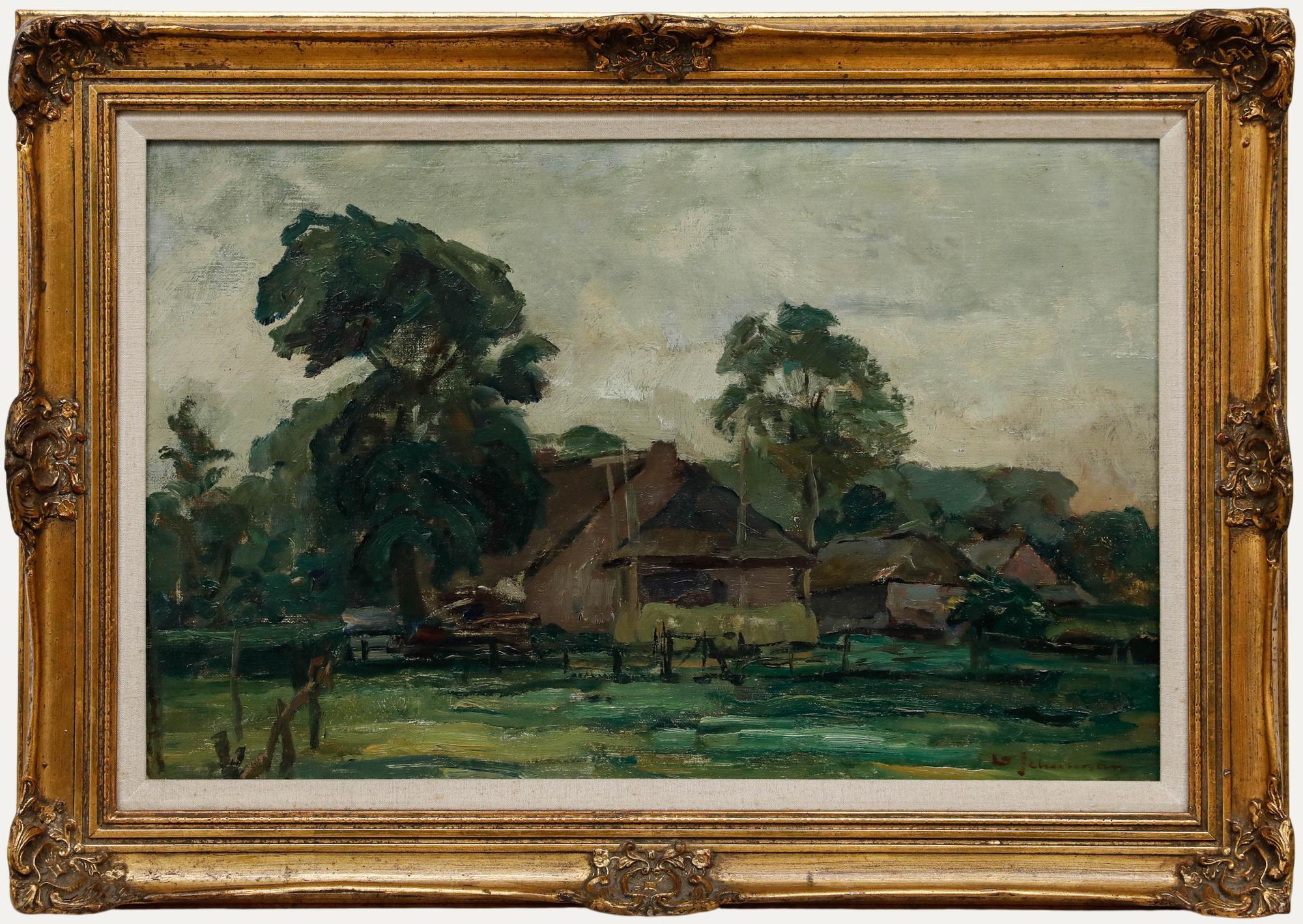This pastoral landscape painting depicts a rustic farmstead nestled among trees, with weathered buildings featuring reddish-brown roofs set against rolling countryside. The artist employs a muted earth-tone palette and loose brushwork to capture the