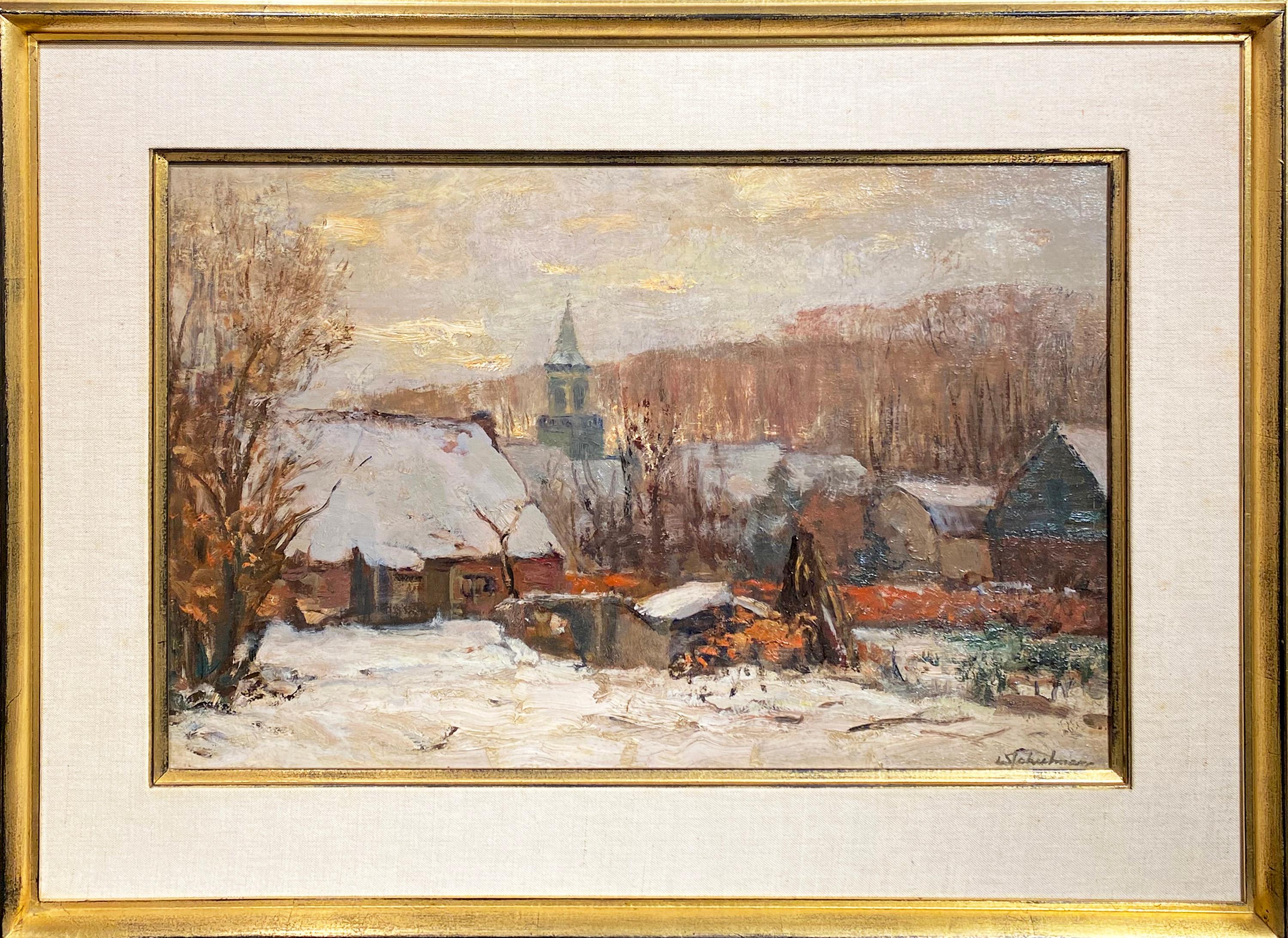 Village Under the Snow - Painting by David Schulman