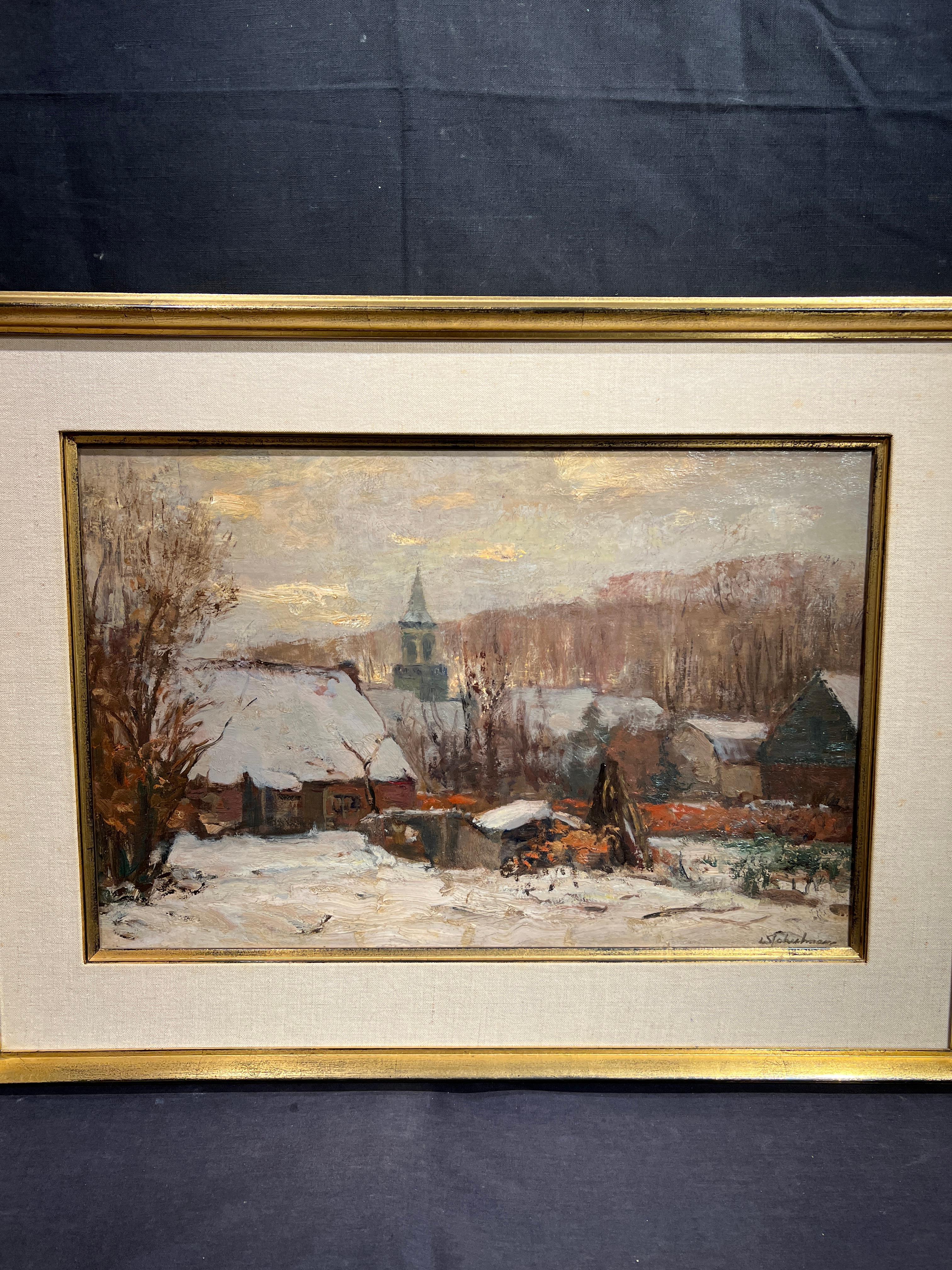 Village Under the Snow - Impressionist Painting by David Schulman