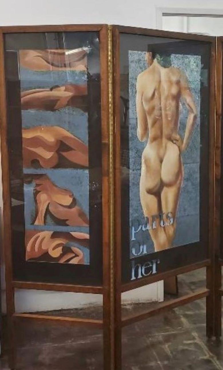 Paravent à 3 panneaux David SEGEL signé et intitulé PARTS of HER 1970s Original en vente 6