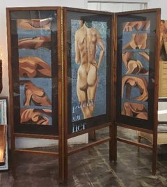 David SEGEL: Bodenschirm mit 3 Tafeln, signiert und mit dem Titel „PARTS of HER“, 1970er Jahre, Original