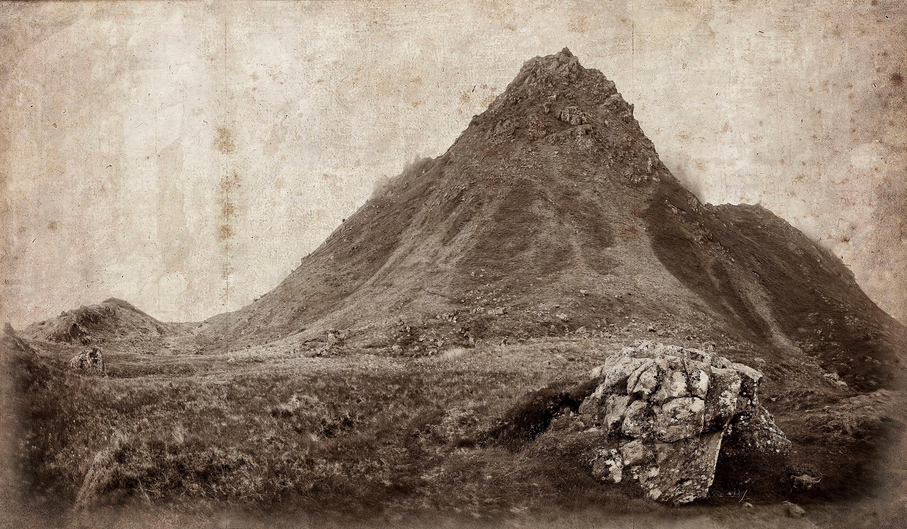The Storr: Large Rustic Sepia Landscape Photograph of Mountains in Scotland
