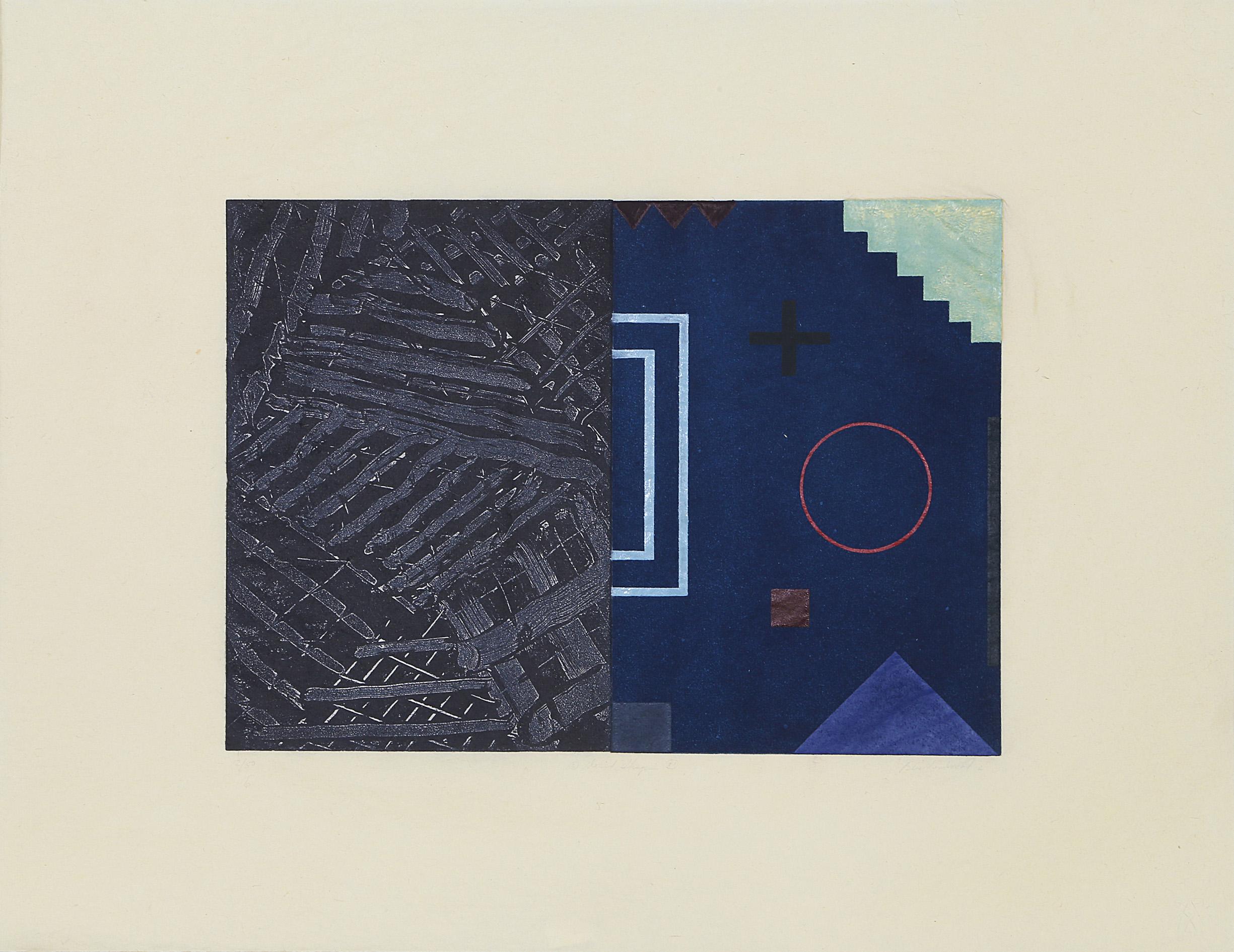 A detailed abstract geometric print by David Shapiro featuring a blend of aquatint and etching methods on Sekishu, a type of handmade Japanese paper. One half of the composition features messy, almost hand-painted grid lines while the other half is
