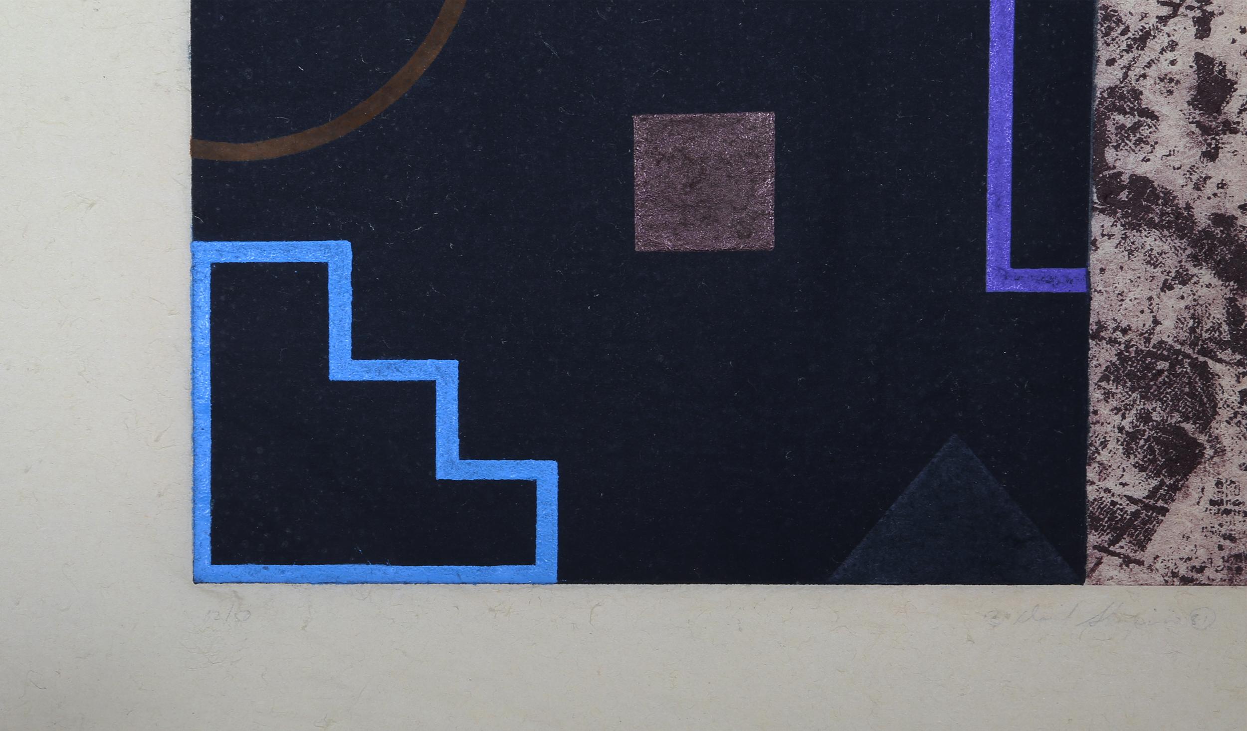 A detailed abstract geometric print by David Shapiro featuring a blend of aquatint and etching methods on Sekishu, a type of handmade Japanese paper. One half of the composition features messy, almost hand-painted grid lines while the other half is