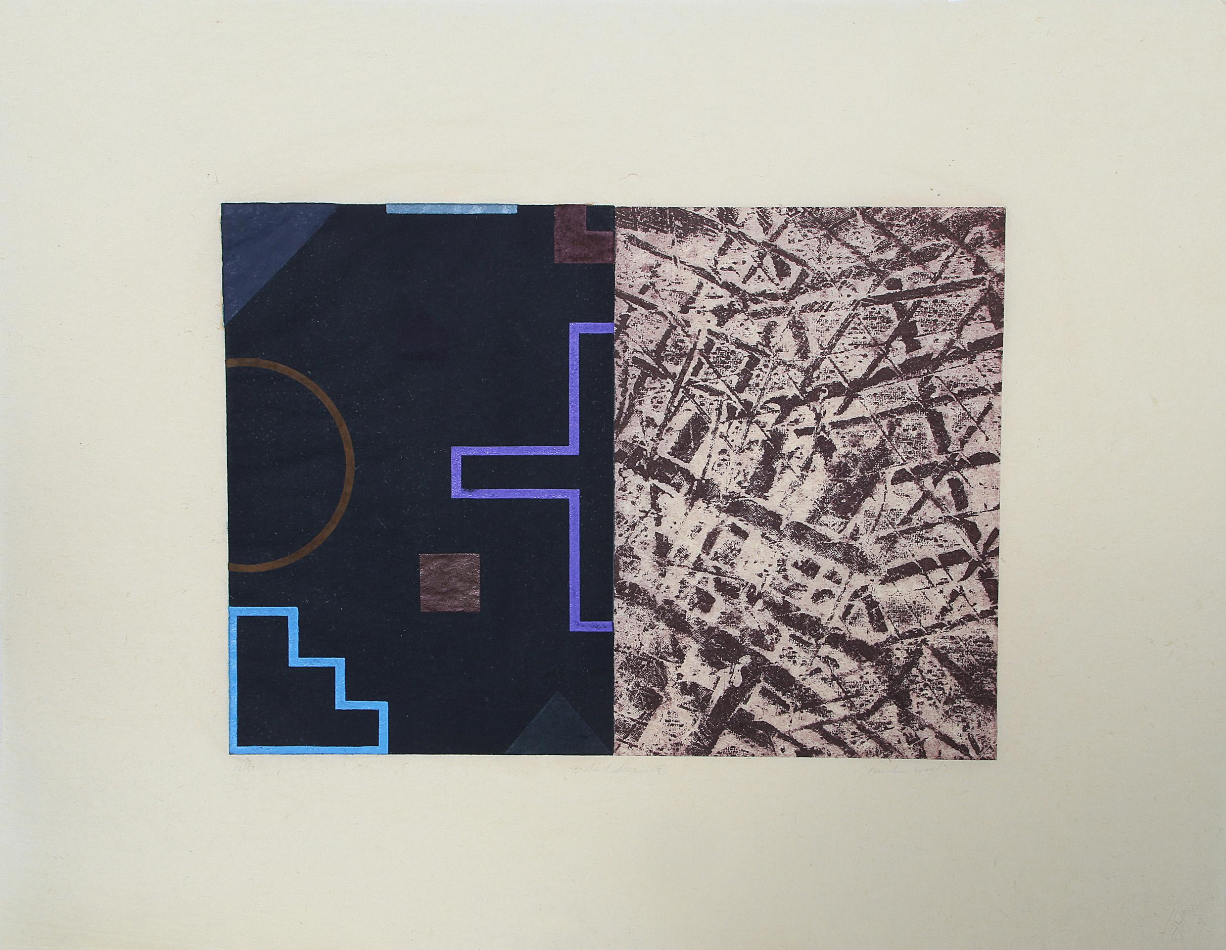 A detailed abstract geometric print by David Shapiro featuring a blend of aquatint and etching methods on Sekishu, a type of handmade Japanese paper. One half of the composition features messy, almost hand-painted grid lines while the other half is