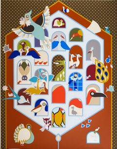 Israeli Naive Folk Art Birdhouse Silkscreen Lithograph David Sharir Birds