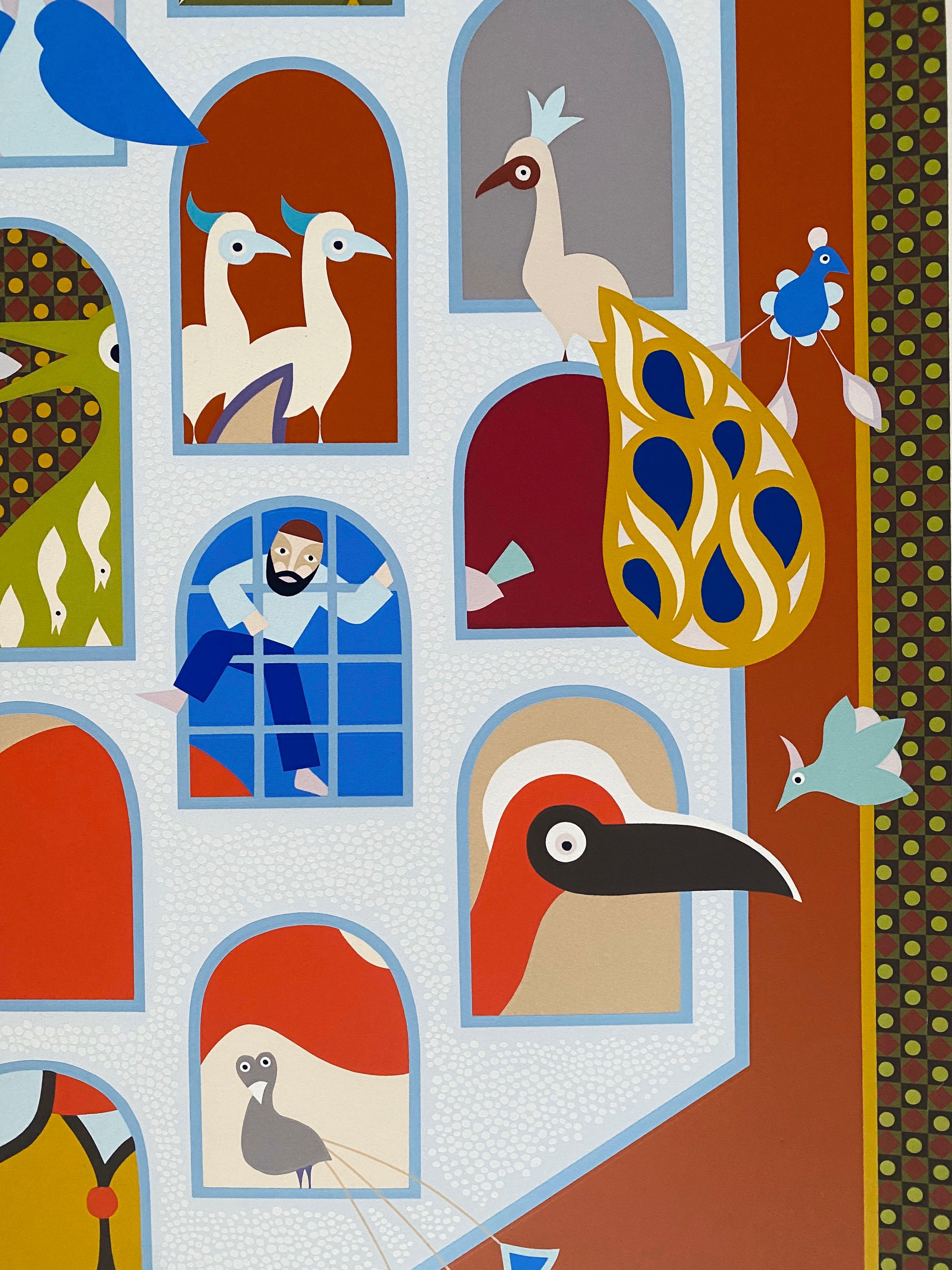 Israeli Naive Folk Art Birdhouse Silkscreen Lithograph David Sharir Birds For Sale 3