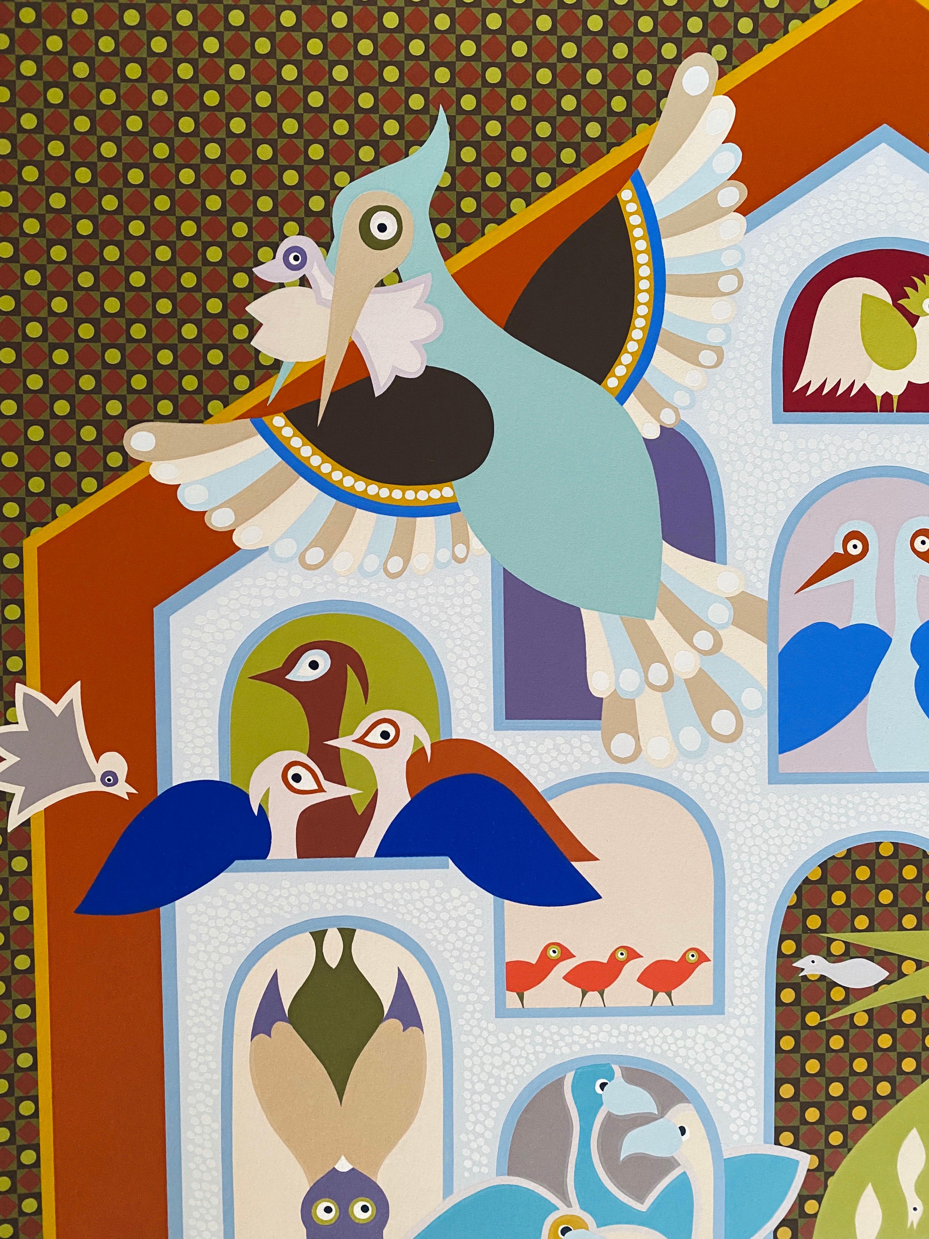 Israeli Naive Folk Art Birdhouse Silkscreen Lithograph David Sharir Birds For Sale 1