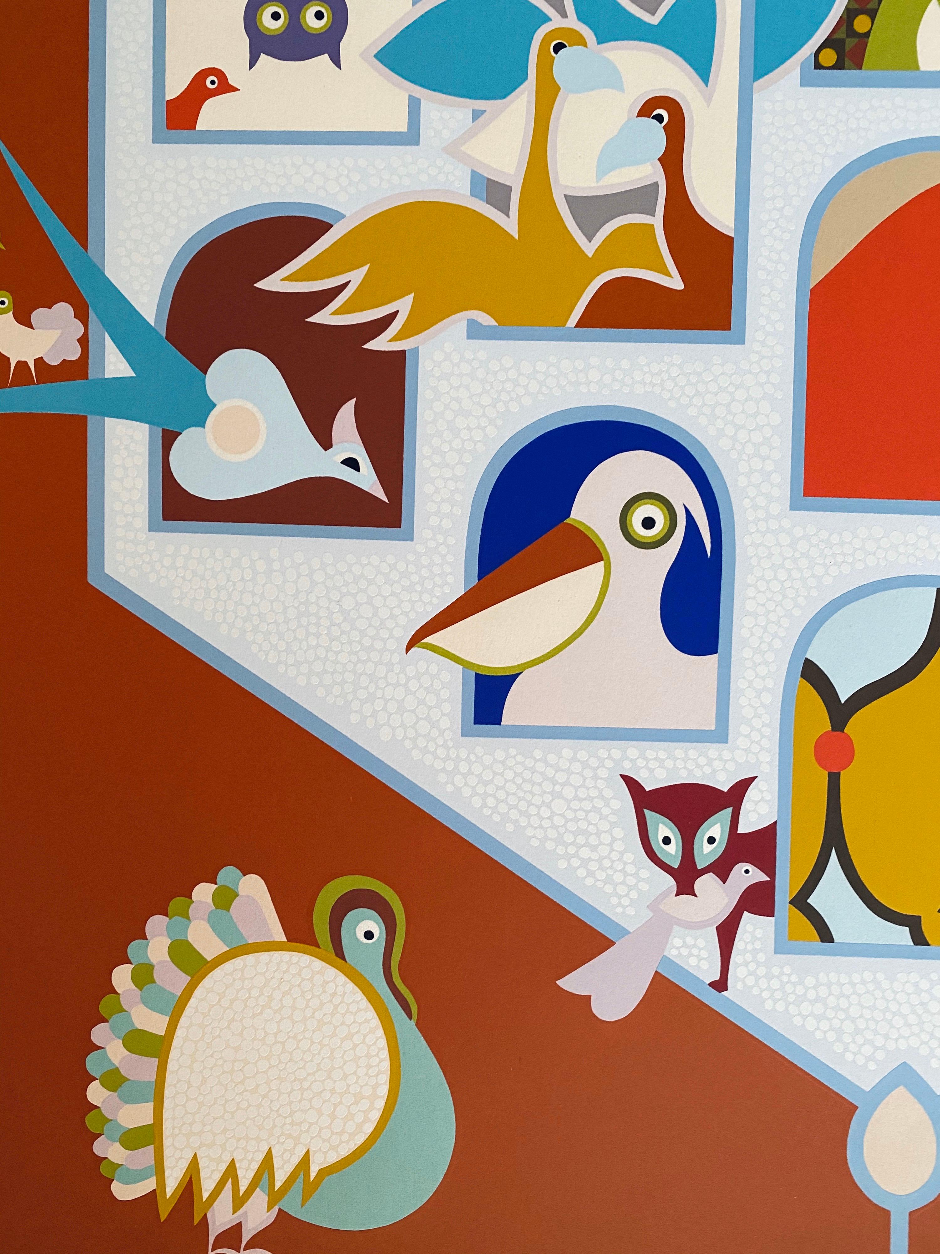 Israeli Naive Folk Art Birdhouse Silkscreen Lithograph David Sharir Birds For Sale 3