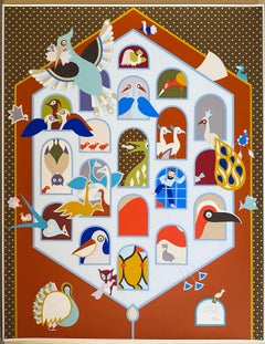 Vintage Israeli Naive Folk Art Birdhouse Silkscreen Lithograph David Sharir Birds