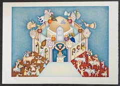 Israeli Naive Folk Art Silkscreen Lithograph David Sharir - Bet Hamikdash Scene