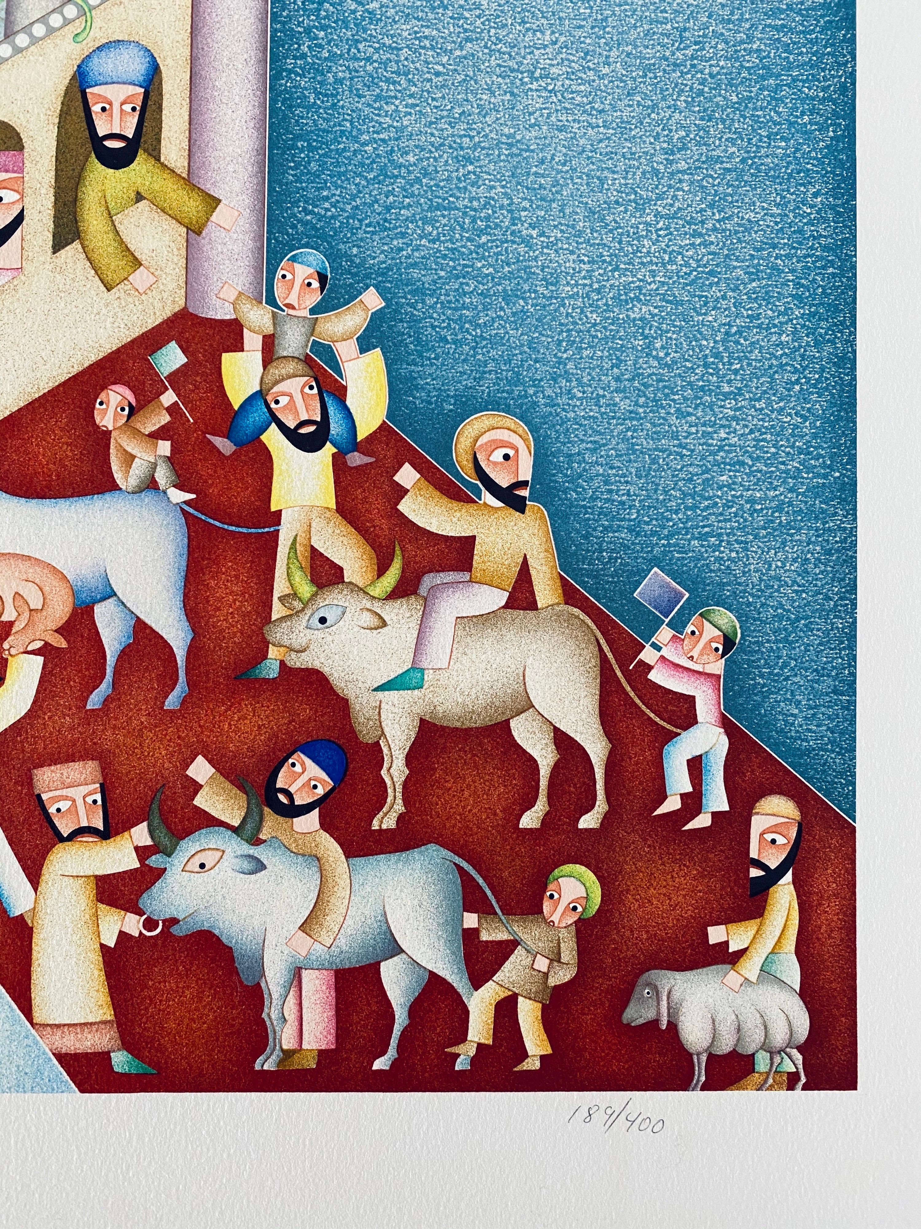 Litografía serigráfica de arte popular ingenuo israelí David Sharir - Escena del Bet Hamikdash en venta 5