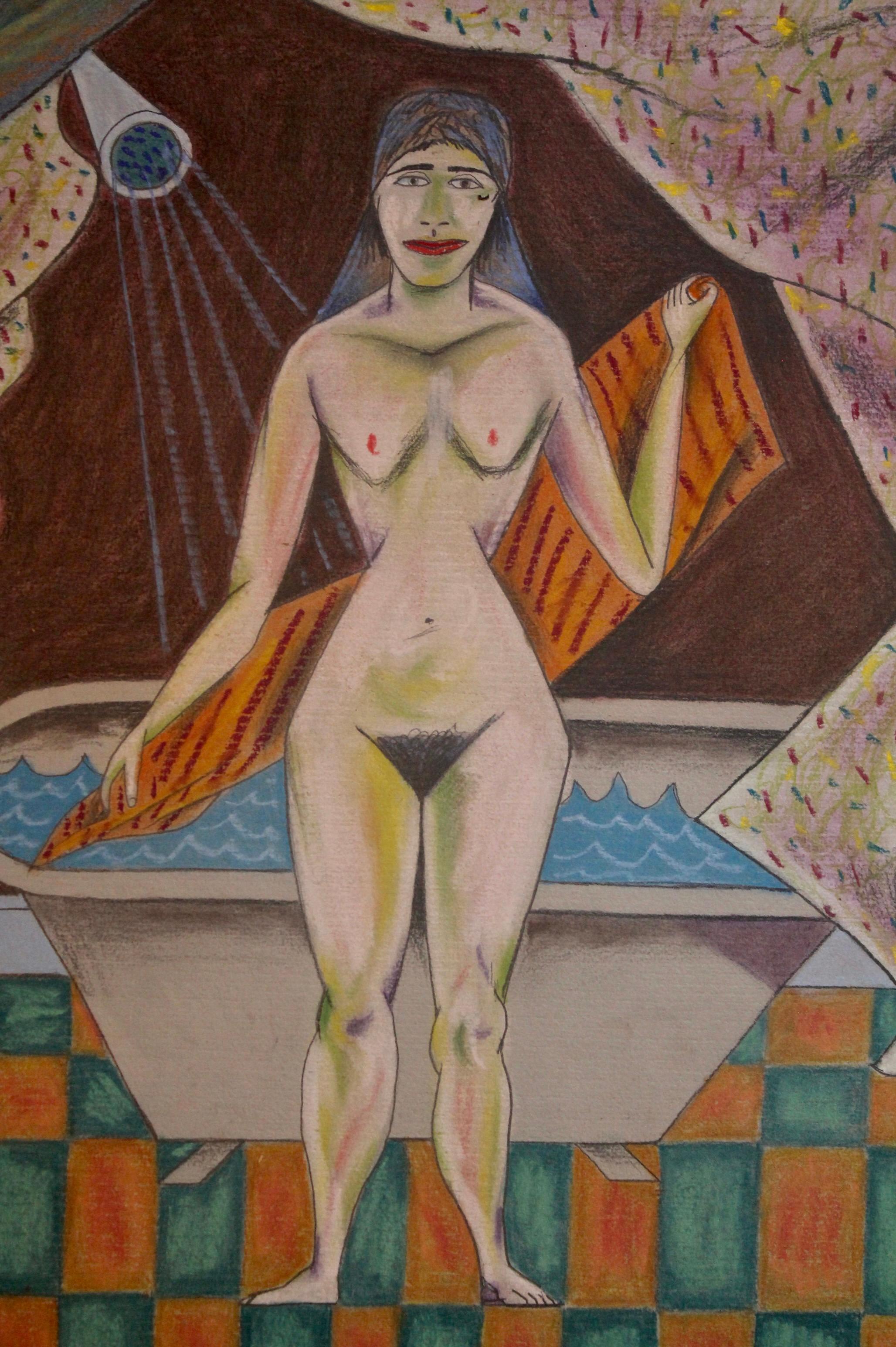 Post-Modern David Sharpe 1980 Pastel 'Woman Drying Herself' For Sale