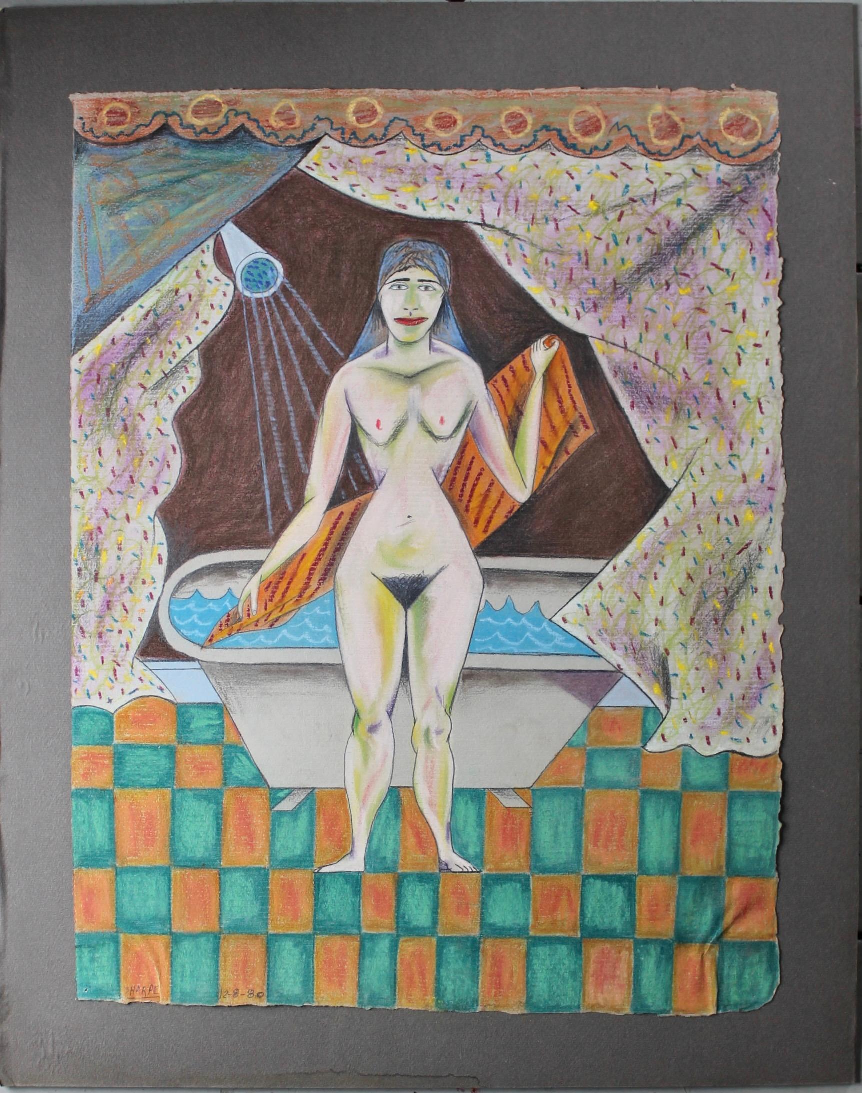 20th Century David Sharpe 1980 Pastel 'Woman Drying Herself' For Sale