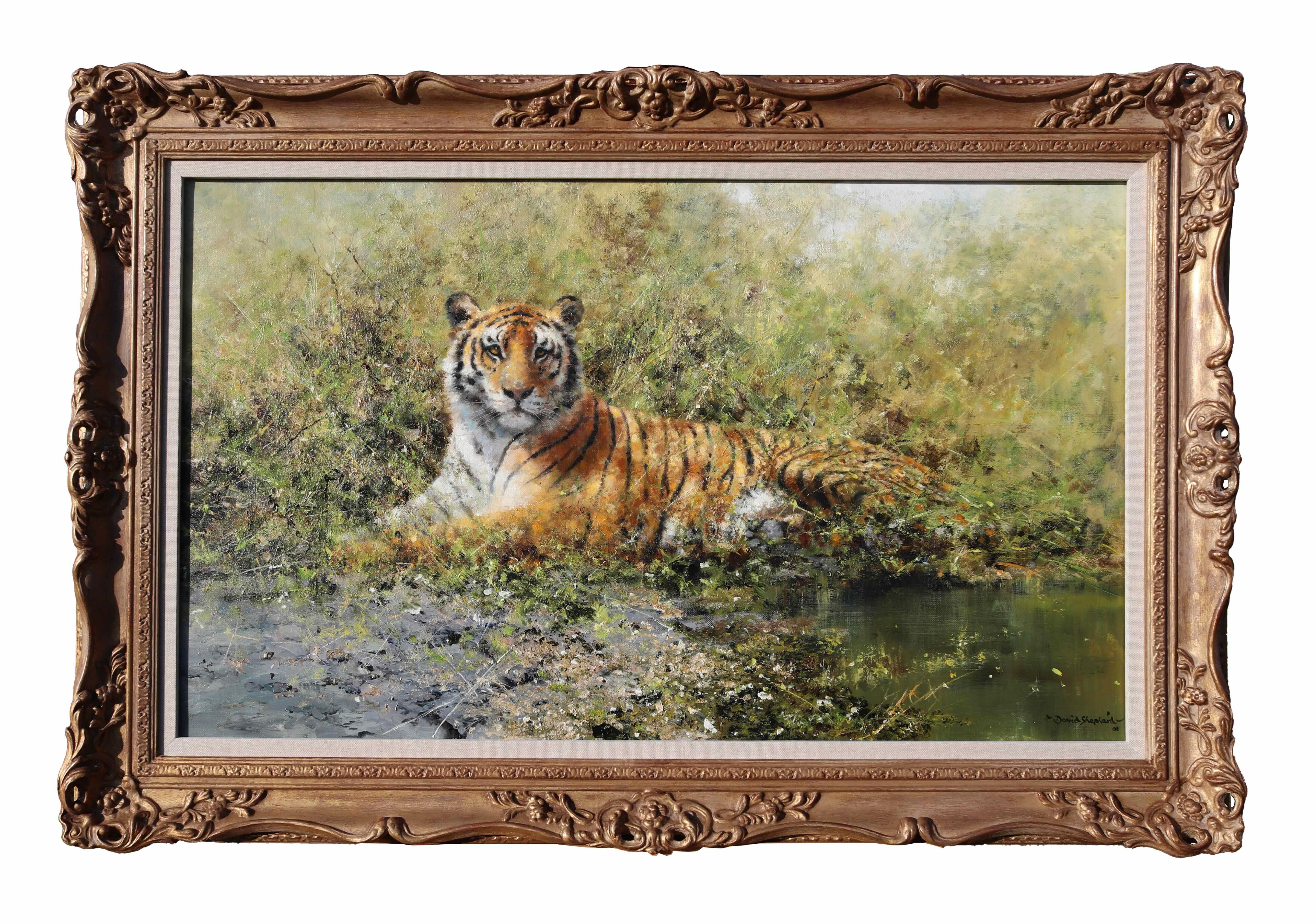 A riposo, ma all'erta - Tigre vigile, 2001, David Shepherd Pittura ad olio originale in vendita 1