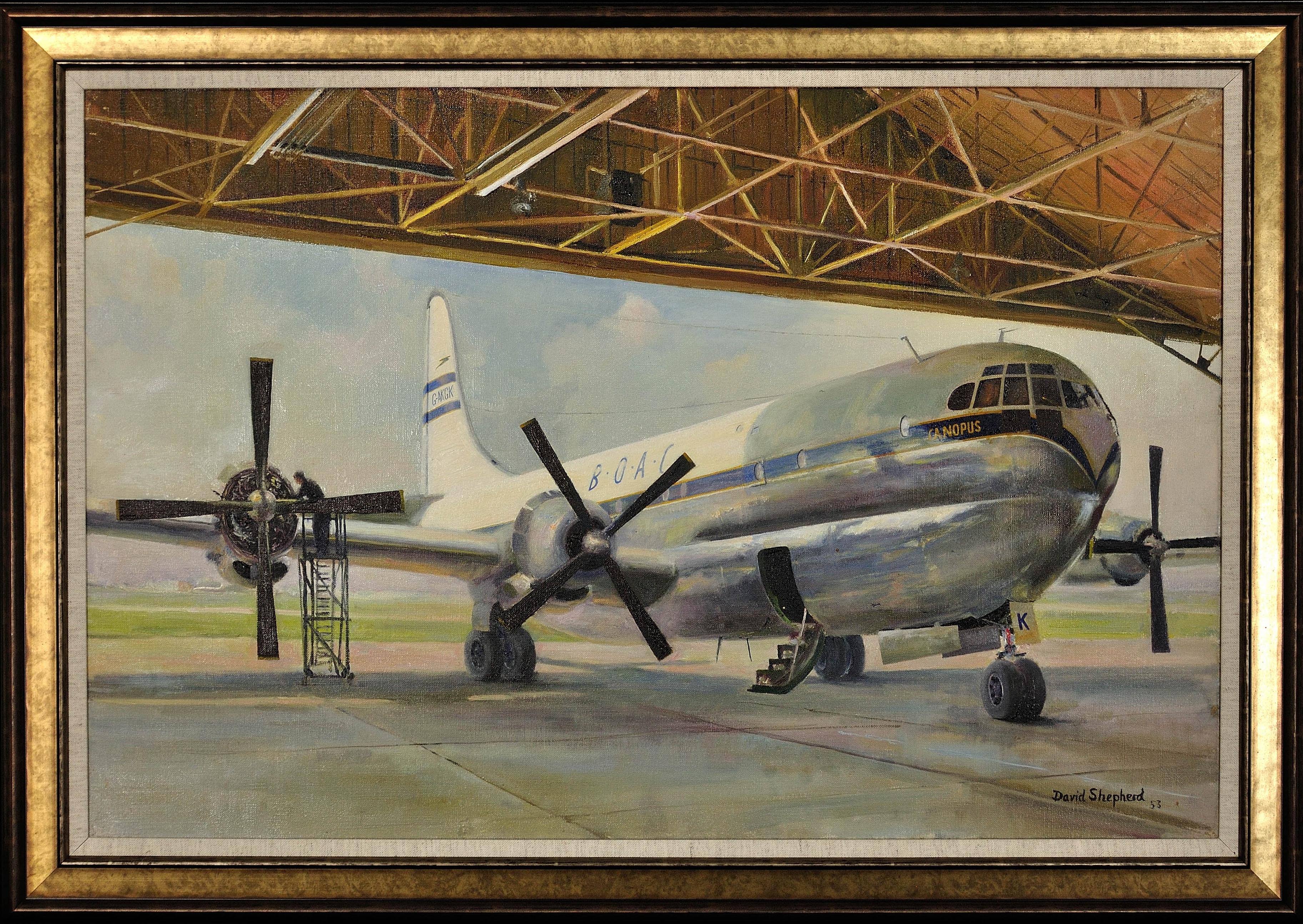 Landscape Painting di David Shepherd - Gigantesco Boeing 377 Stratocruiser Canopus, aeromobile di linea della BOAC rinnovato e dipinto