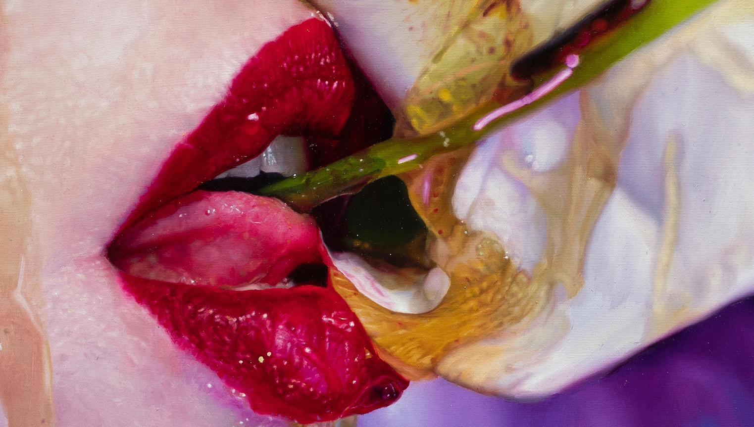 <p>Artist Comments<br>Artist David Shepherd paints a hyperrealistic close-up image of lips sipping on a flower. A torrent of dewy nectar drips slowly to the subject's mouth. Her sparkling red lips create a balanced color harmony with the purple