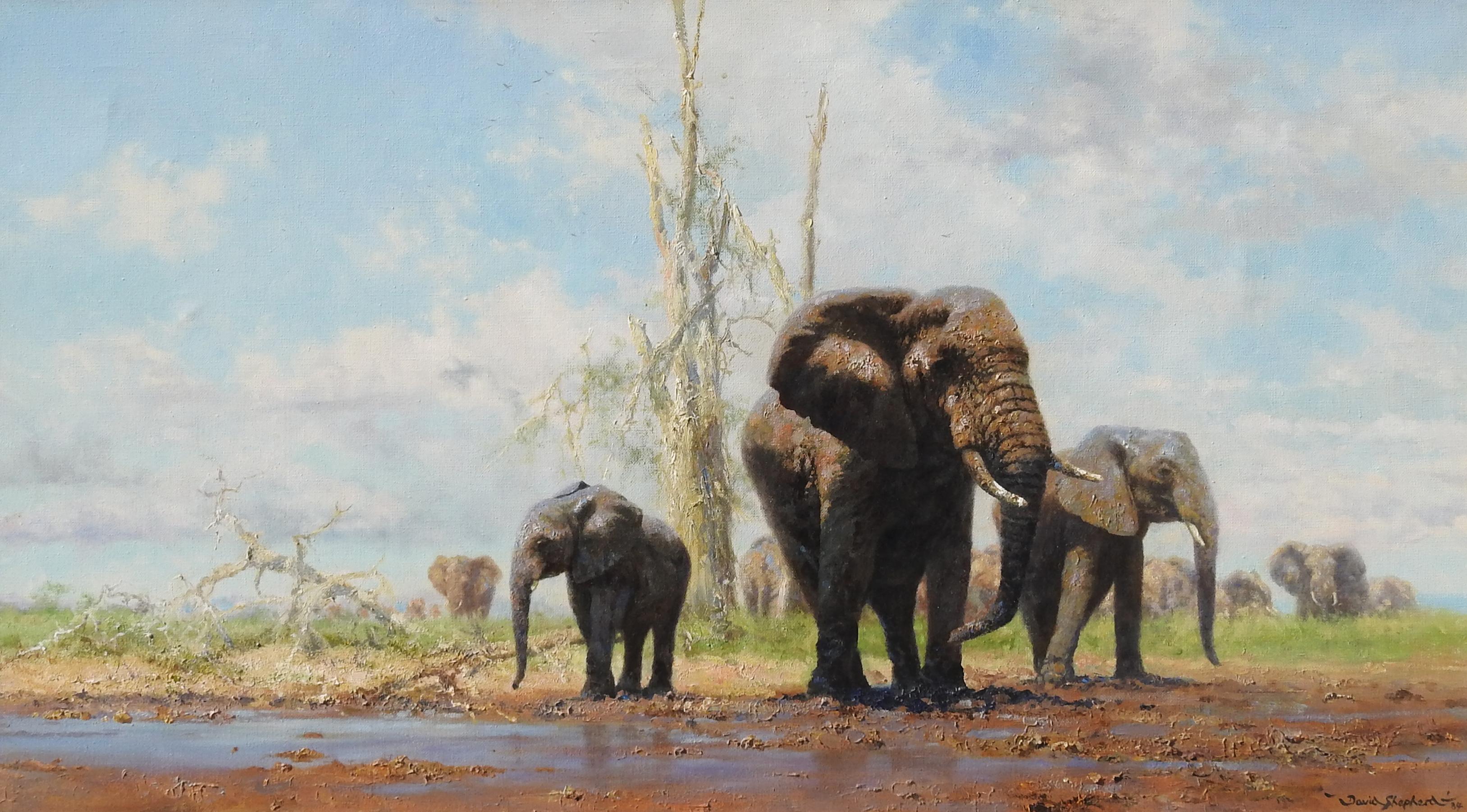„Herd der Elefanten“, David Shepherd, 20x35.5, Original-Ölgemälde, Realismus der Tierwelt im Angebot 1
