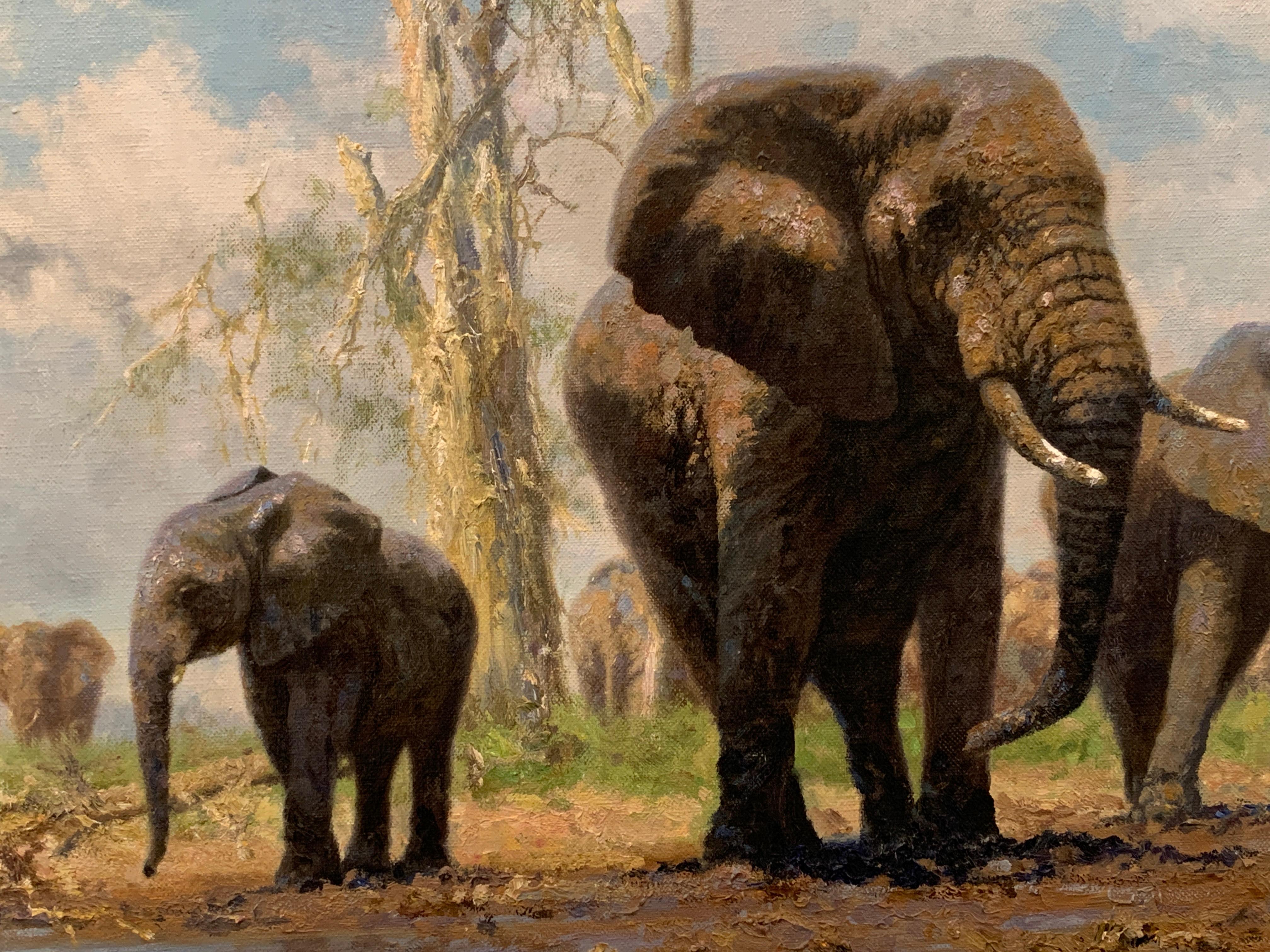 „Herd der Elefanten“, David Shepherd, 20x35.5, Original-Ölgemälde, Realismus der Tierwelt im Angebot 4