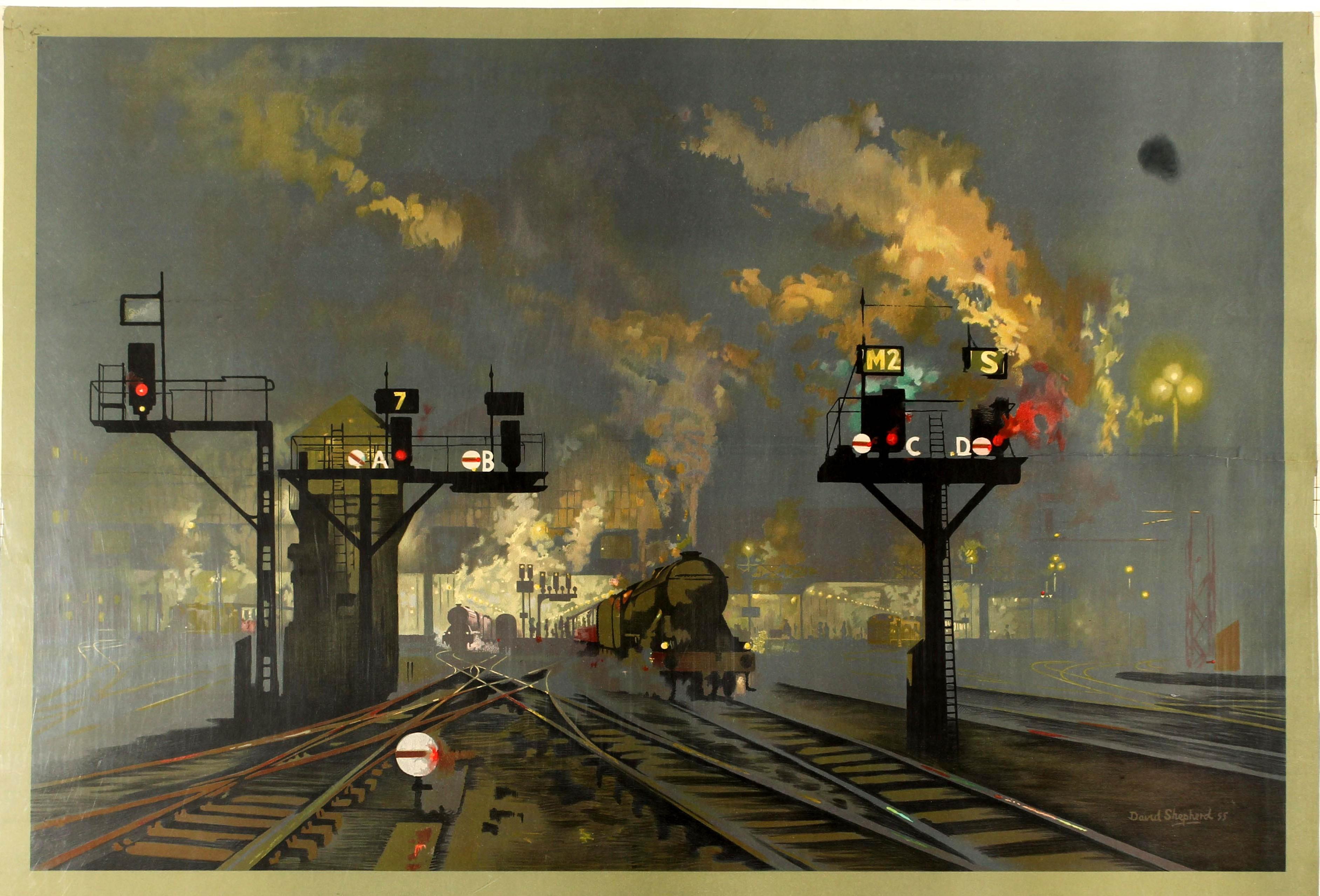 Original Vintage British Railways Poster Service By Night - King's Cross London - Print by David Shepherd